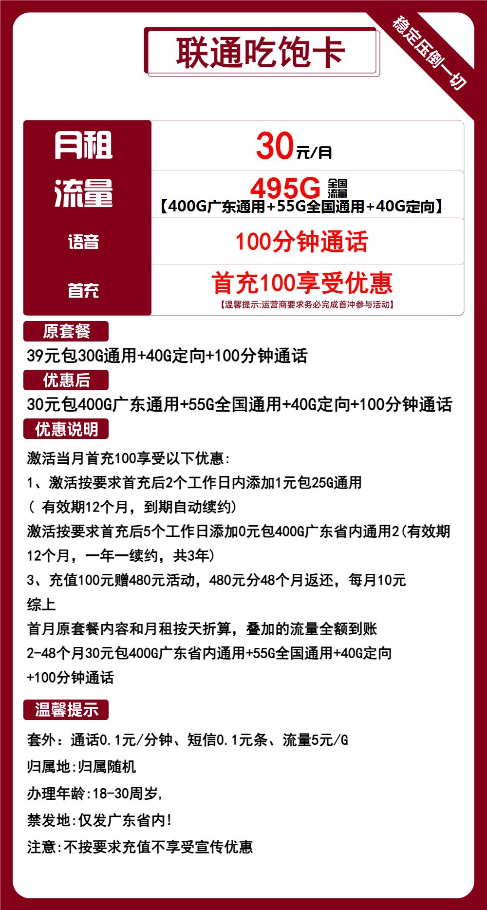 联通吃饱卡30元月包400G广东通用流量+55G全国通用流量+40G定向流量+100分钟（4年套餐，超大流量，仅发广东省内）