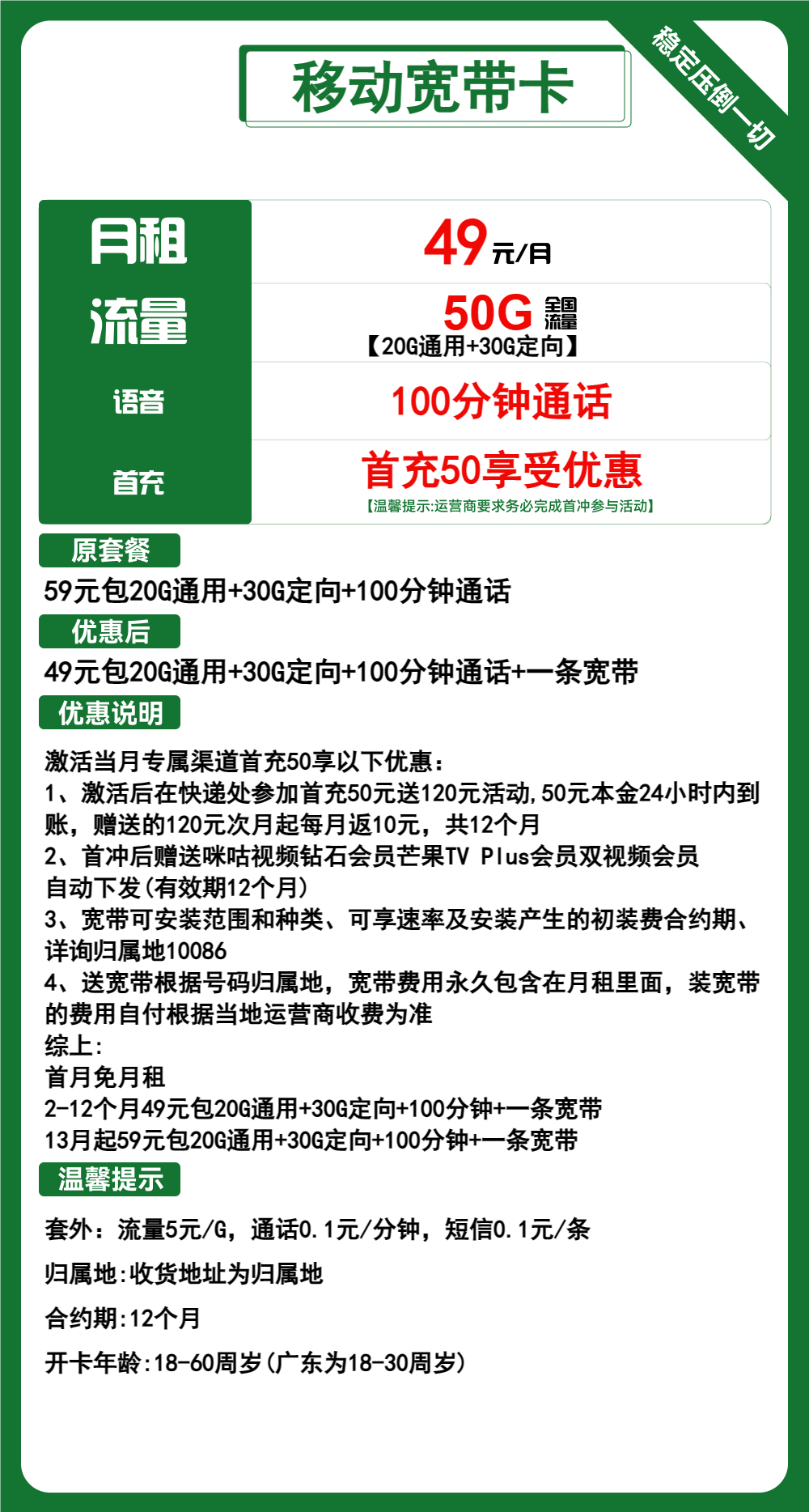 移动宽带卡49元月包20G通用流量+30G定向流量+100分钟通话+宽带+会员（第13个月起59元月租，长期套餐，免费宽带，送1年会员，收货地为归属地）