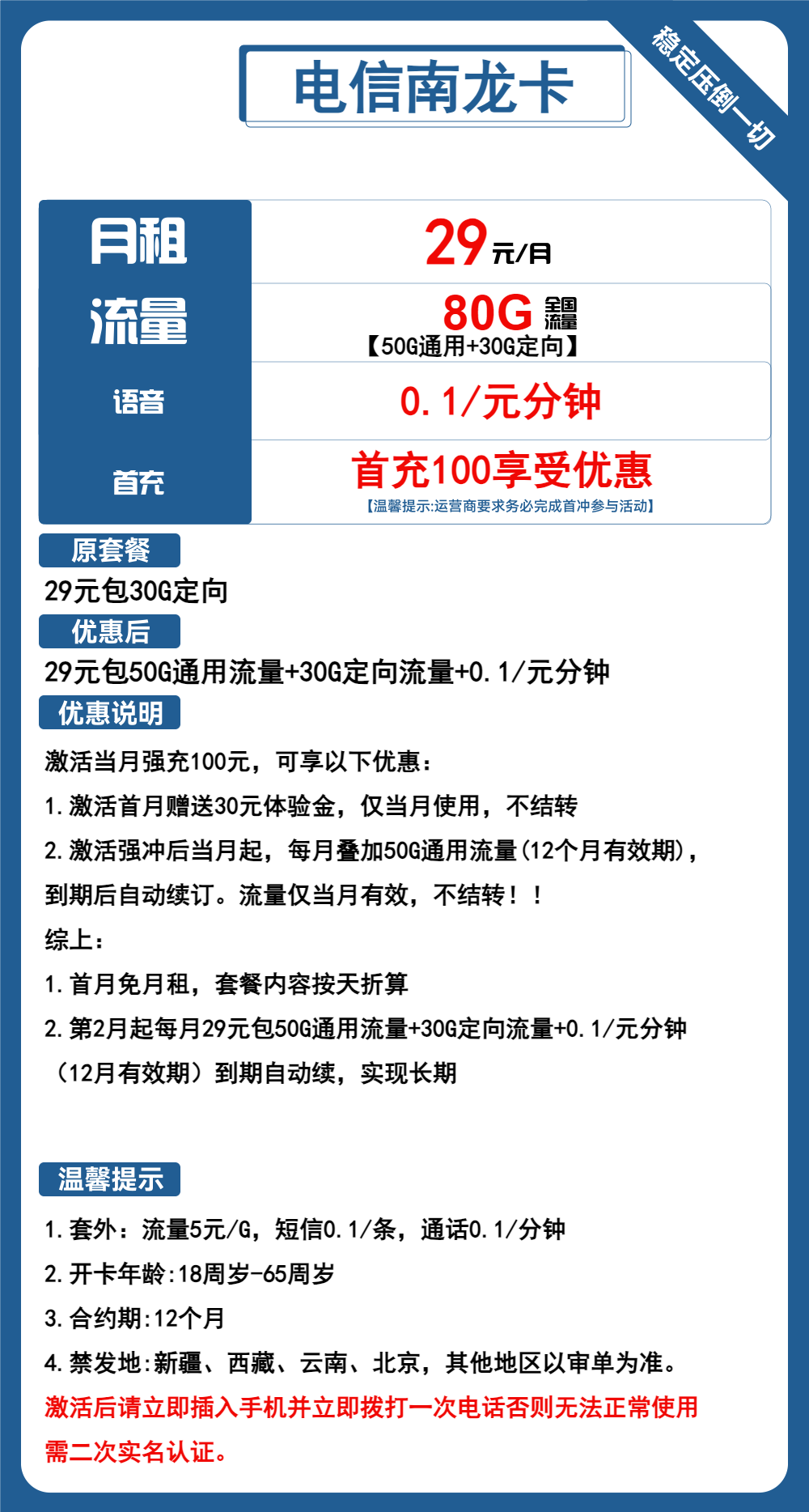 电信南龙卡①29元月包50G通用流量+30G定向流量+通话0.1元/分钟（长期套餐，可选号）