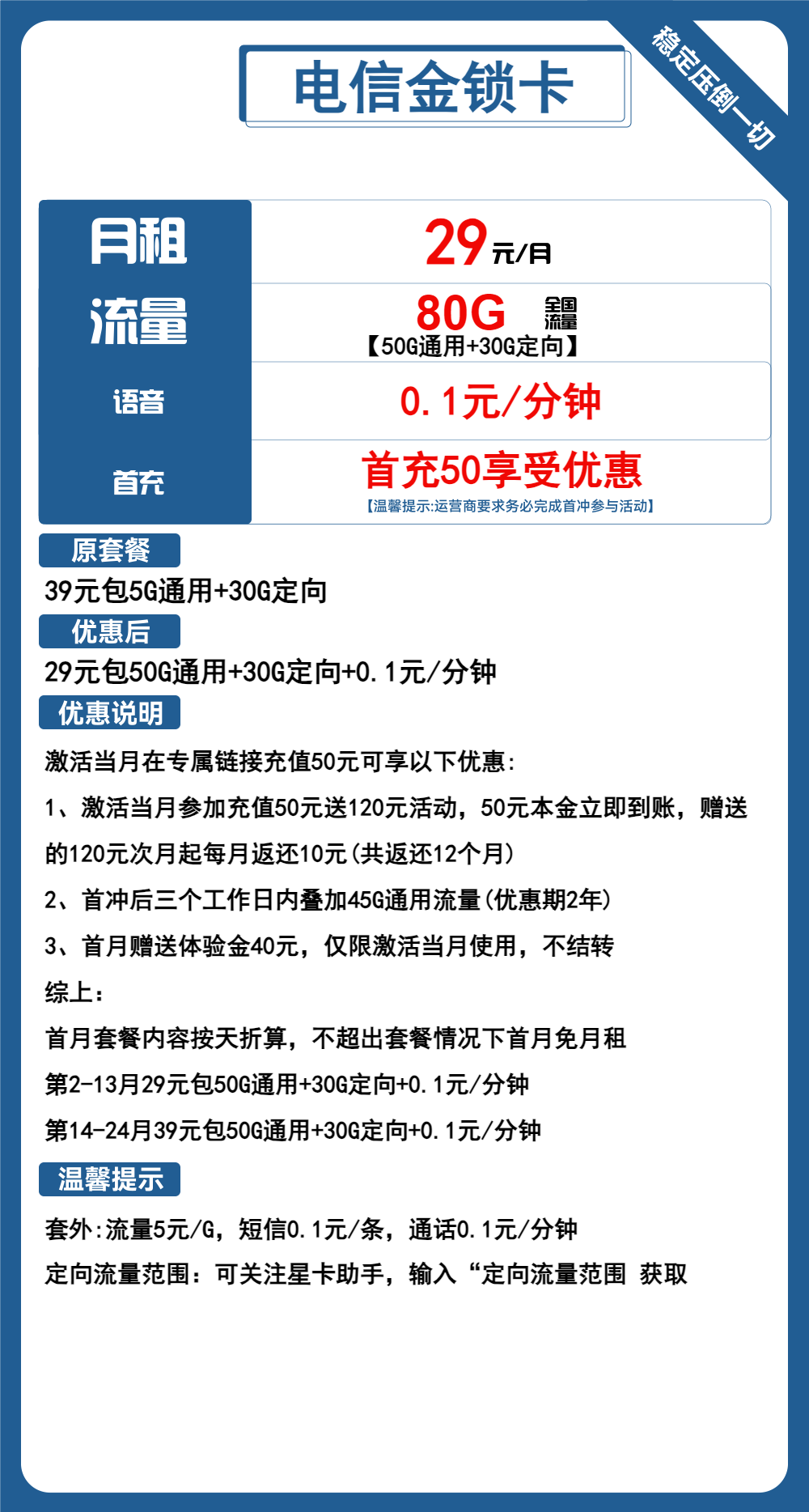 电信金锁卡29元月包50G通用流量+30G定向流量+通话0.1元/分钟（2年套餐）