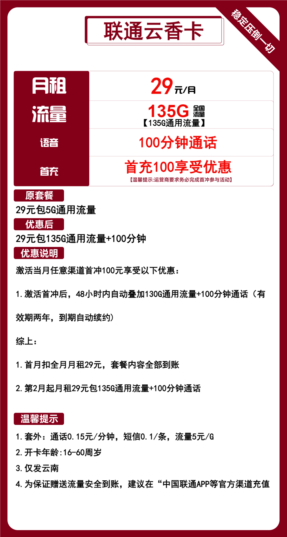 联通云香卡29元月包135G通用流量+100分钟通话（长期套餐，仅发云南省内，可选号）