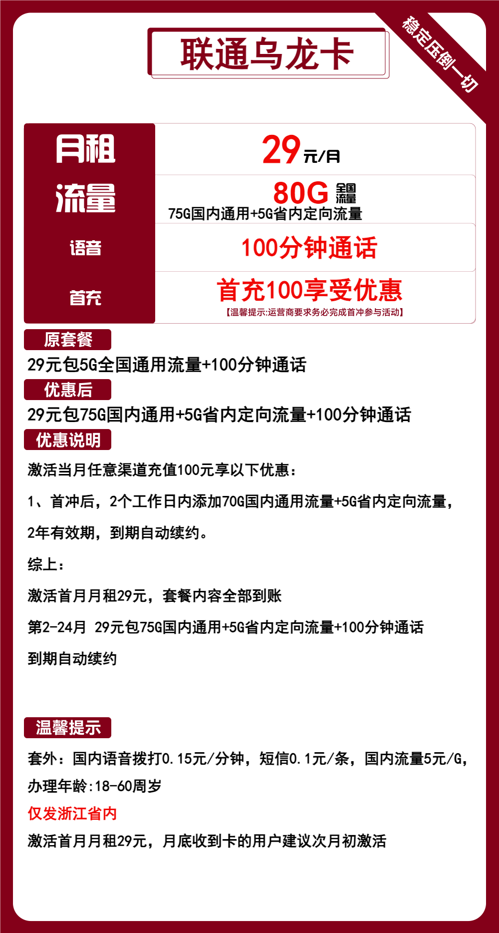 联通乌龙卡29元月包75G通用流量+5G定向流量+100分钟通话（长期套餐，5G黄金速率，仅发浙江省内）