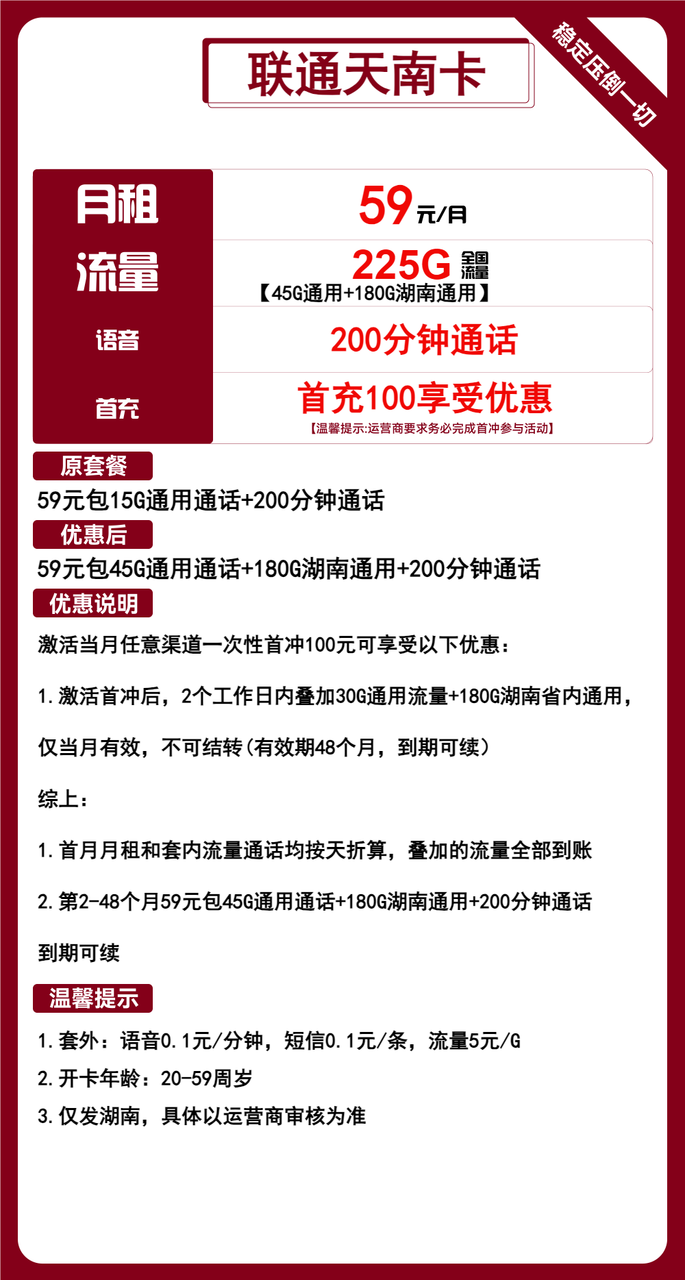 联通天南卡59元月包45G通用流量+180G湖南通用流量+200分钟通话（长期套餐，大流量卡，仅发湖南省内）