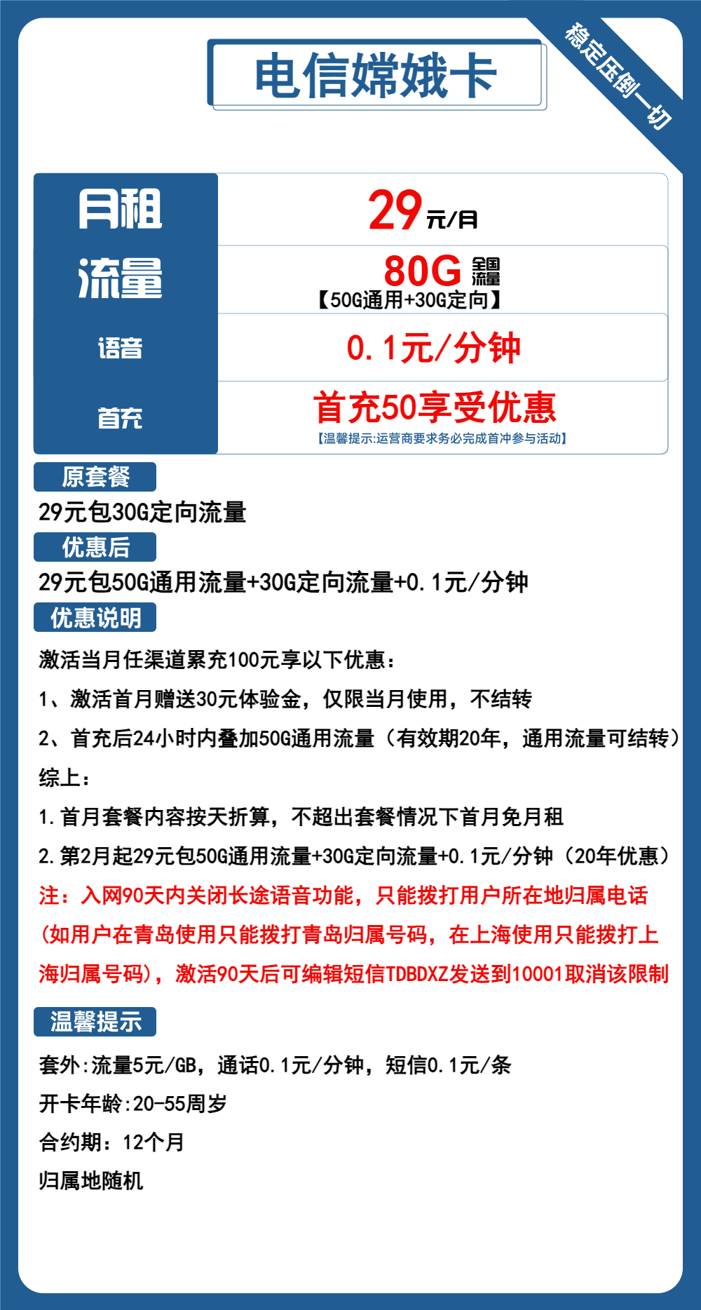 电信嫦娥卡①29元月包50G通用流量+30G定向流量+通话0.1元/分钟（长期套餐，流量可结转）