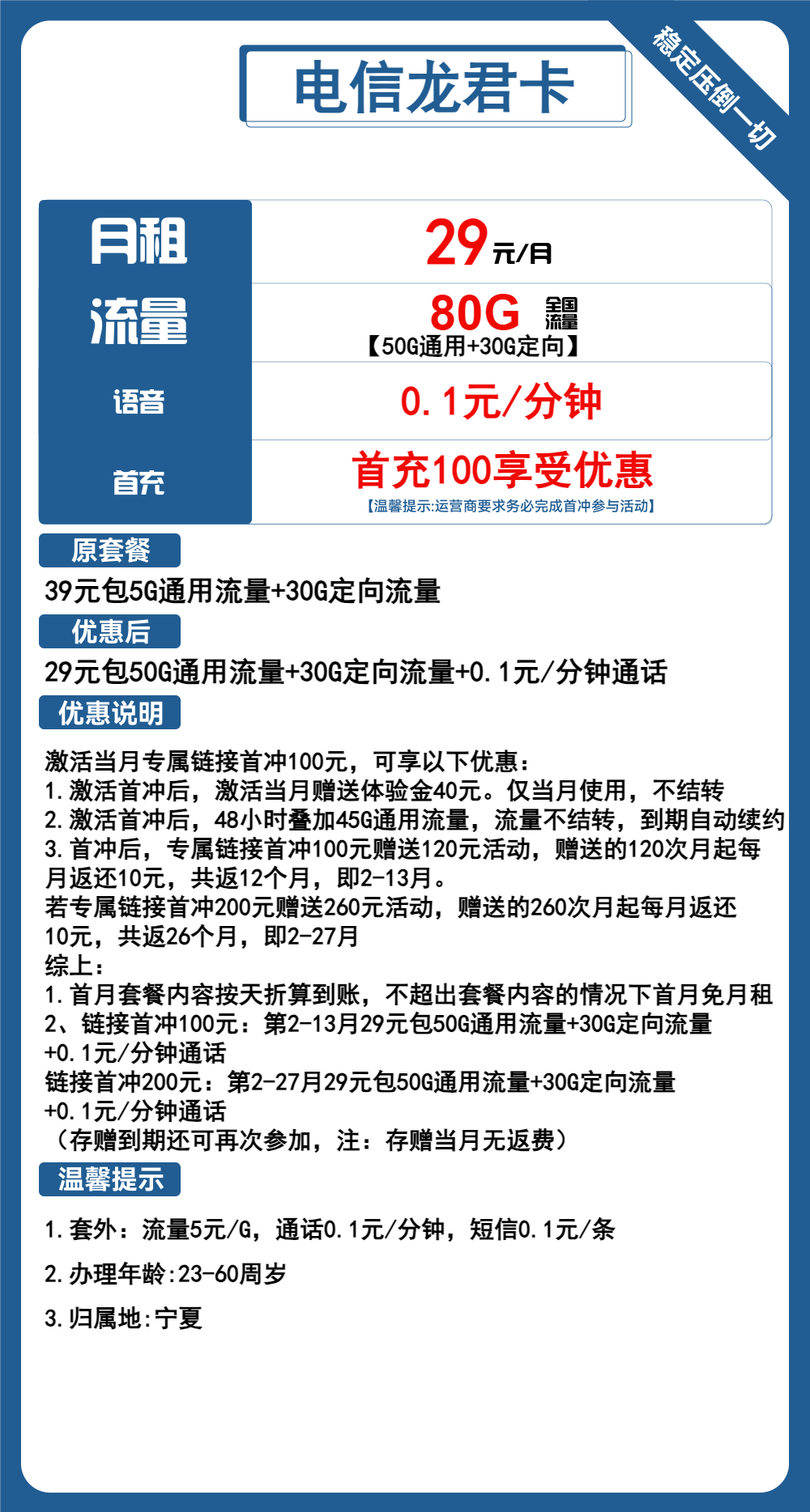 电信龙君卡①29元月包50G通用流量+30G定向流量+通话0.1元/分钟（长期套餐，可选号）