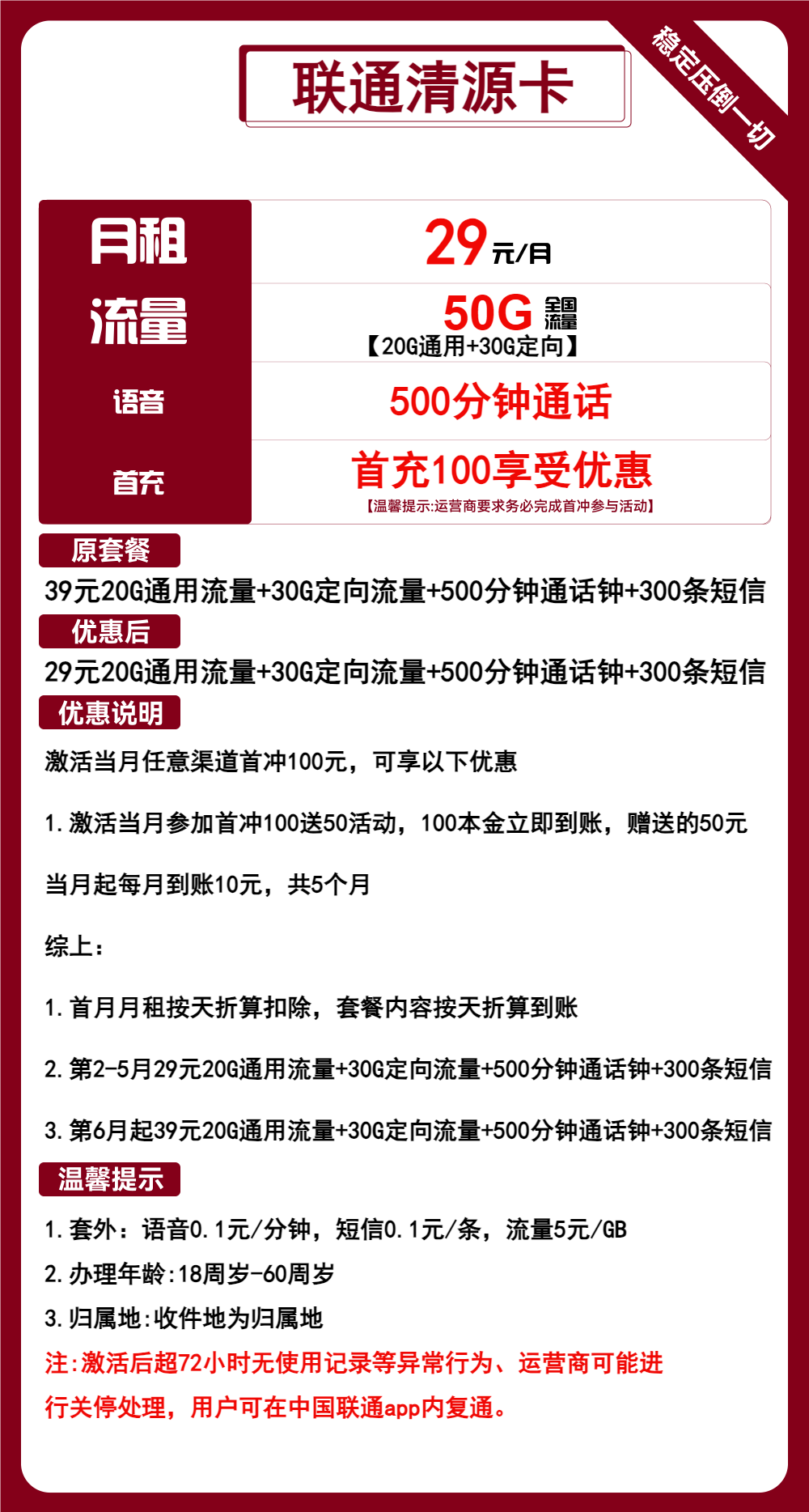 联通清源卡②29元月包20G通用流量+30G定向流量+500分钟通话（第7个月起39元月租，长期套餐，收货地为归属地，可选号）