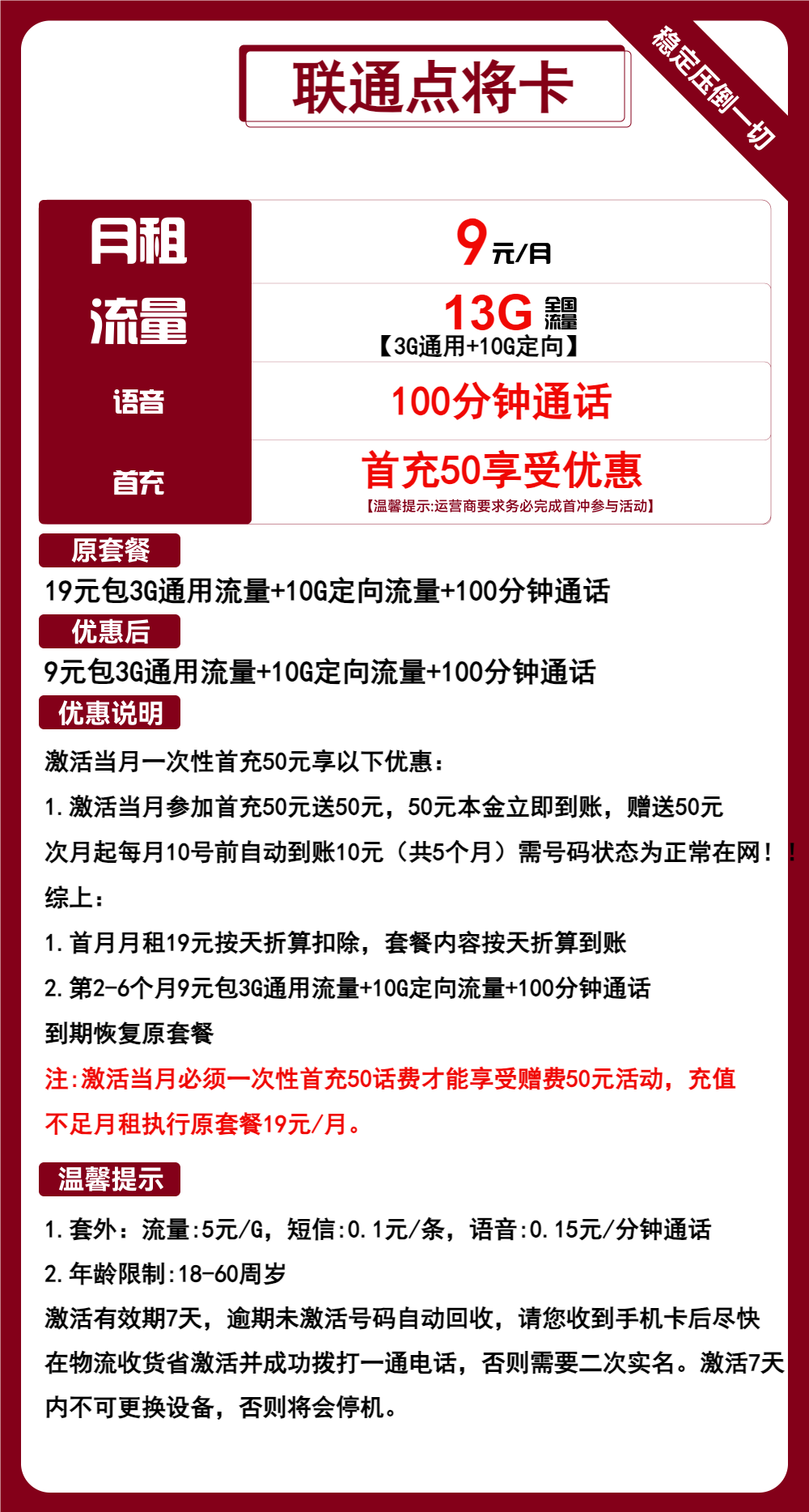 联通点将卡9元月包3G通用流量+10G定向流量+100分钟通话（第7个月起19元月租，长期套餐，可选号）