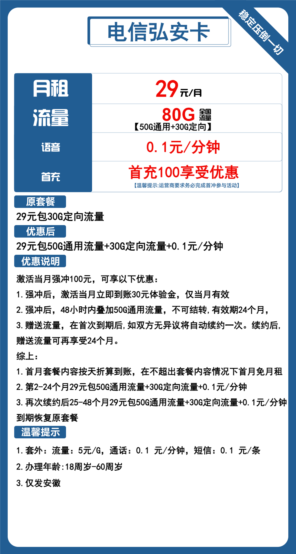 电信弘安卡29元月包50G通用流量+30G定向流量+通话0.1元/分钟（4年套餐，仅发安徽省内）