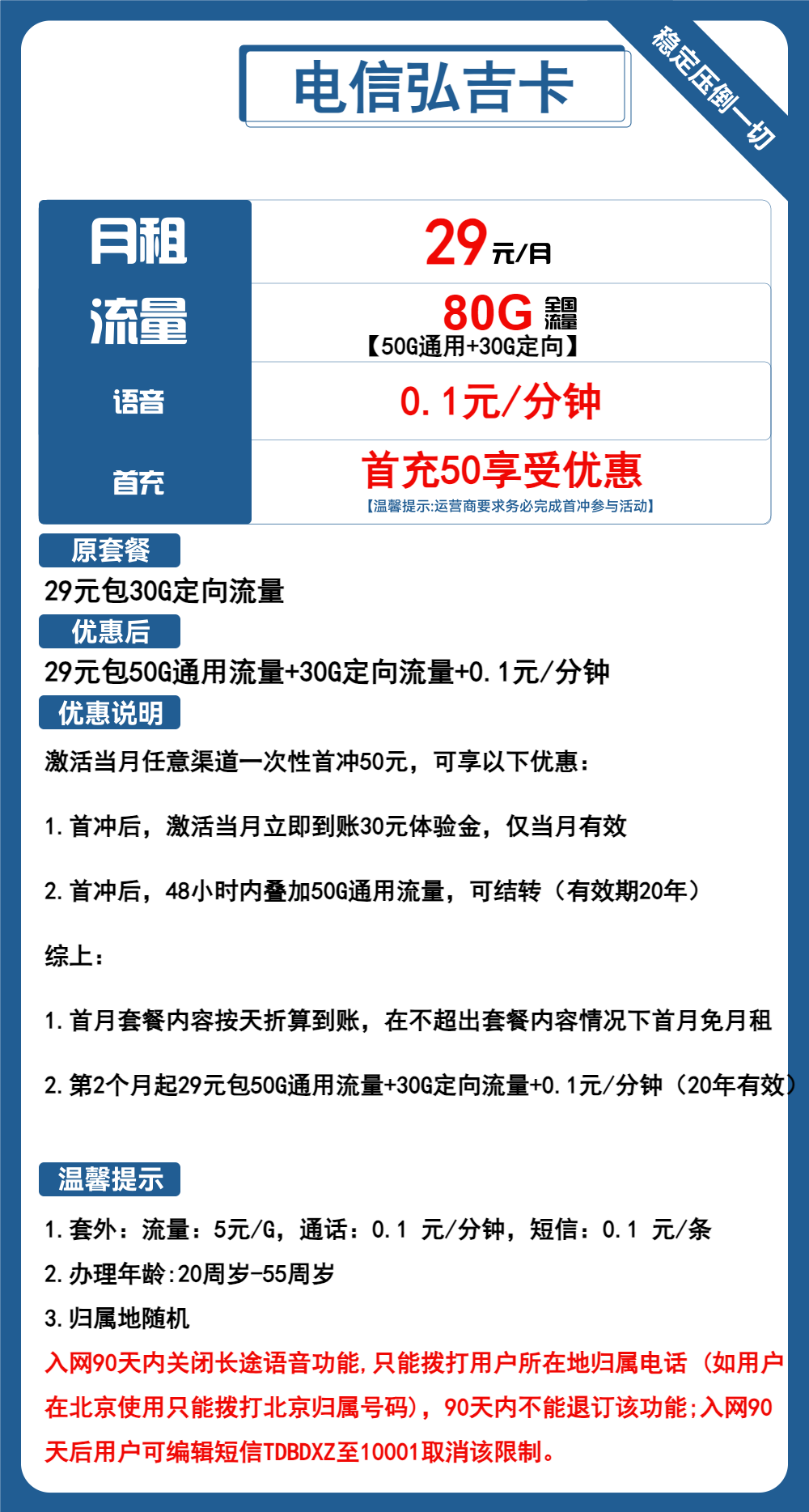 电信弘吉卡29元月包50G通用流量+30G定向流量+通话0.1元/分钟（长期套餐，流量可结转）