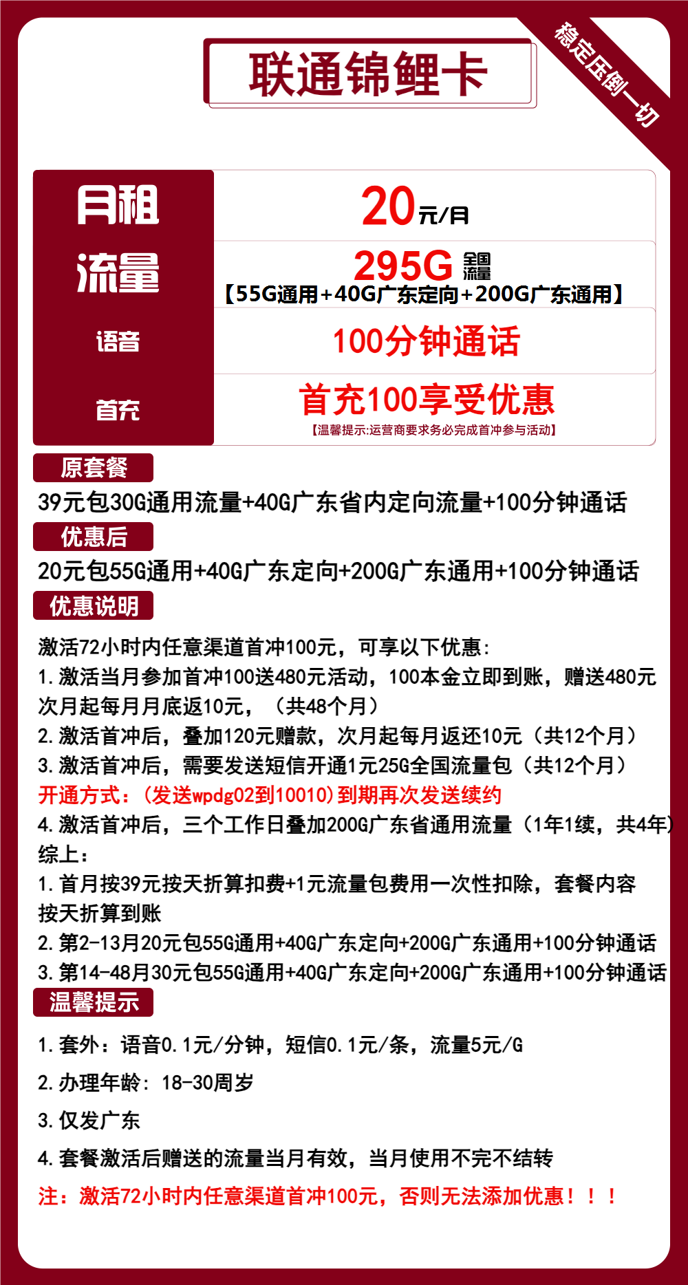 联通锦鲤卡20元月包55全国通用流量+200G广东通用流量+40G广东定向流量+100分钟通话（第14个月起30元月租，4年套餐，仅发广东省内）