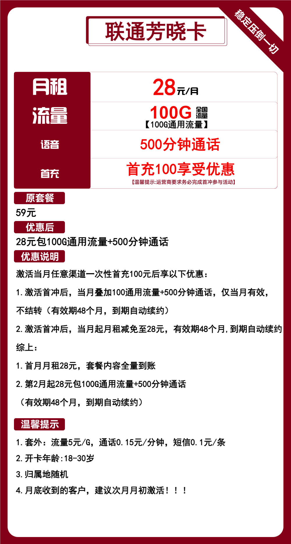 联通芳晓卡①28元月包100G通用流量+500分钟通话（，长期套餐，仅发浙江省内）