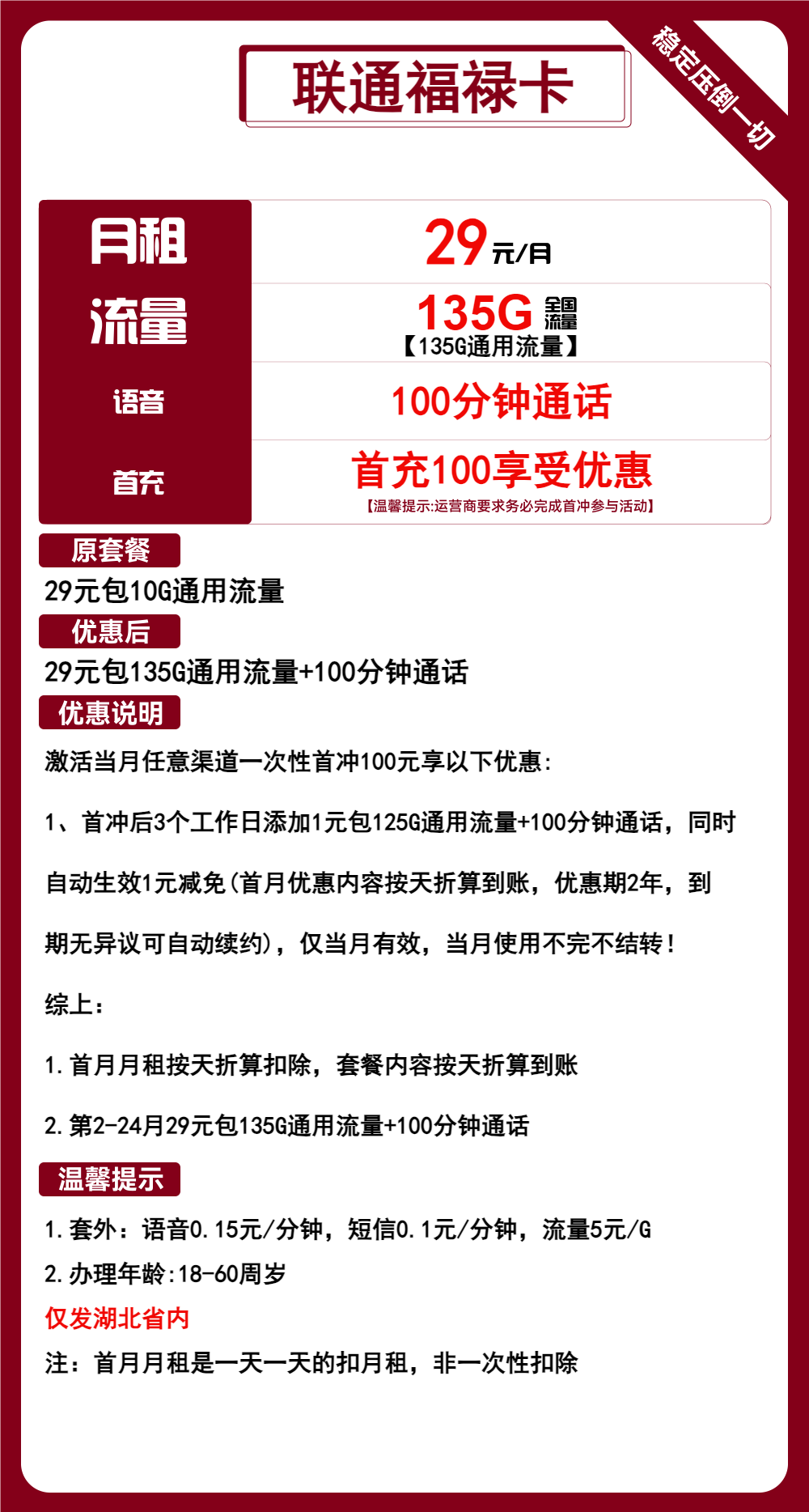 联通福禄卡29元月包135G通用流量+100分钟通话（长期套餐，仅发湖北省内）