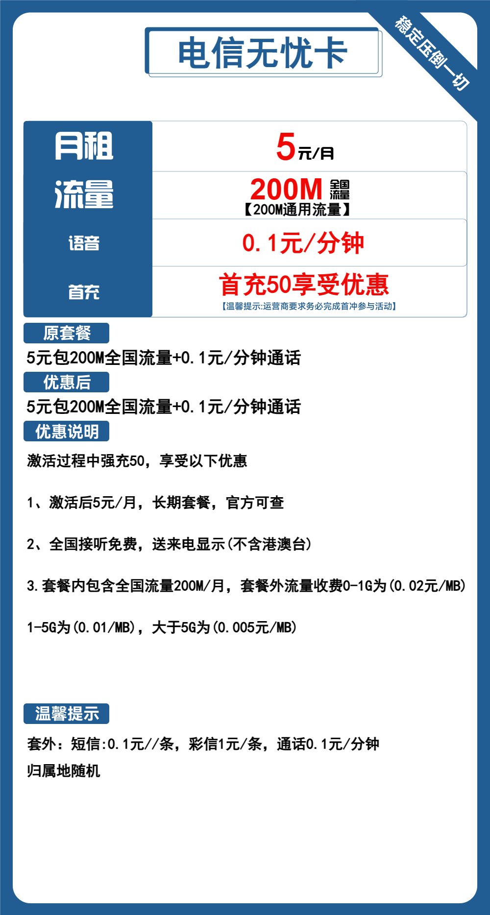 电信无忧卡5元月包200M流量+通话0.1元/分钟（长期套餐，低月租）