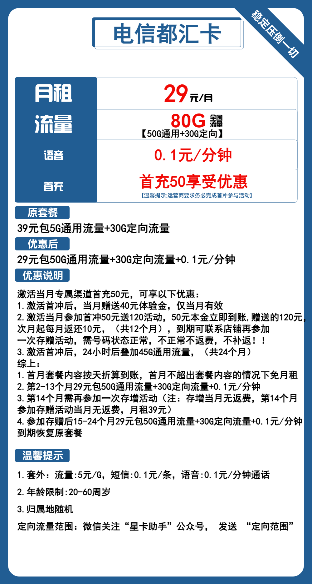 电信都汇卡29元月包50G通用流量+30G定向流量+通话0.1元/分钟（2年套餐）