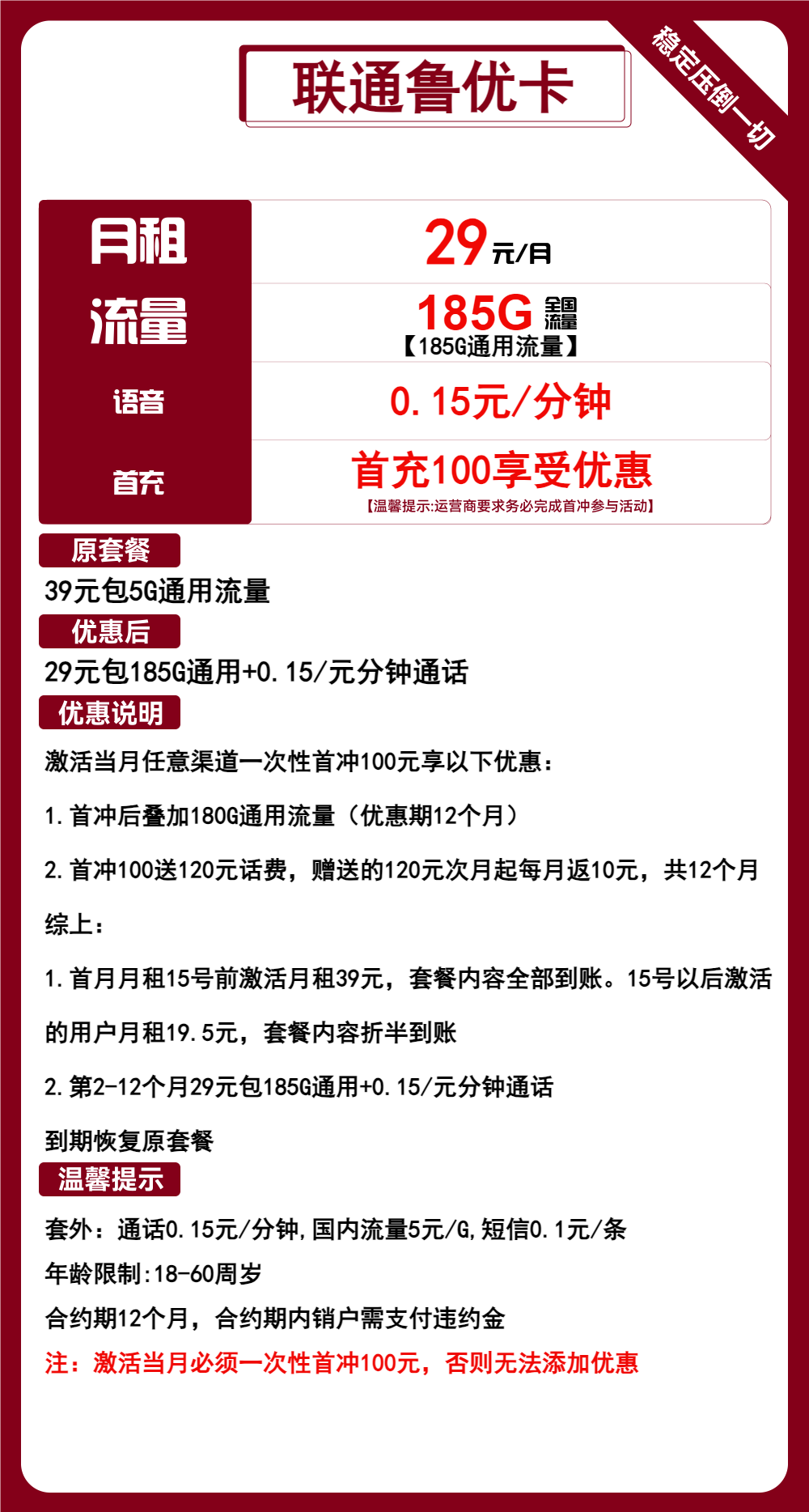 联通鲁优卡29元月包185G通用流量+通话0.15元/分钟（1年套餐，仅发山东省内）