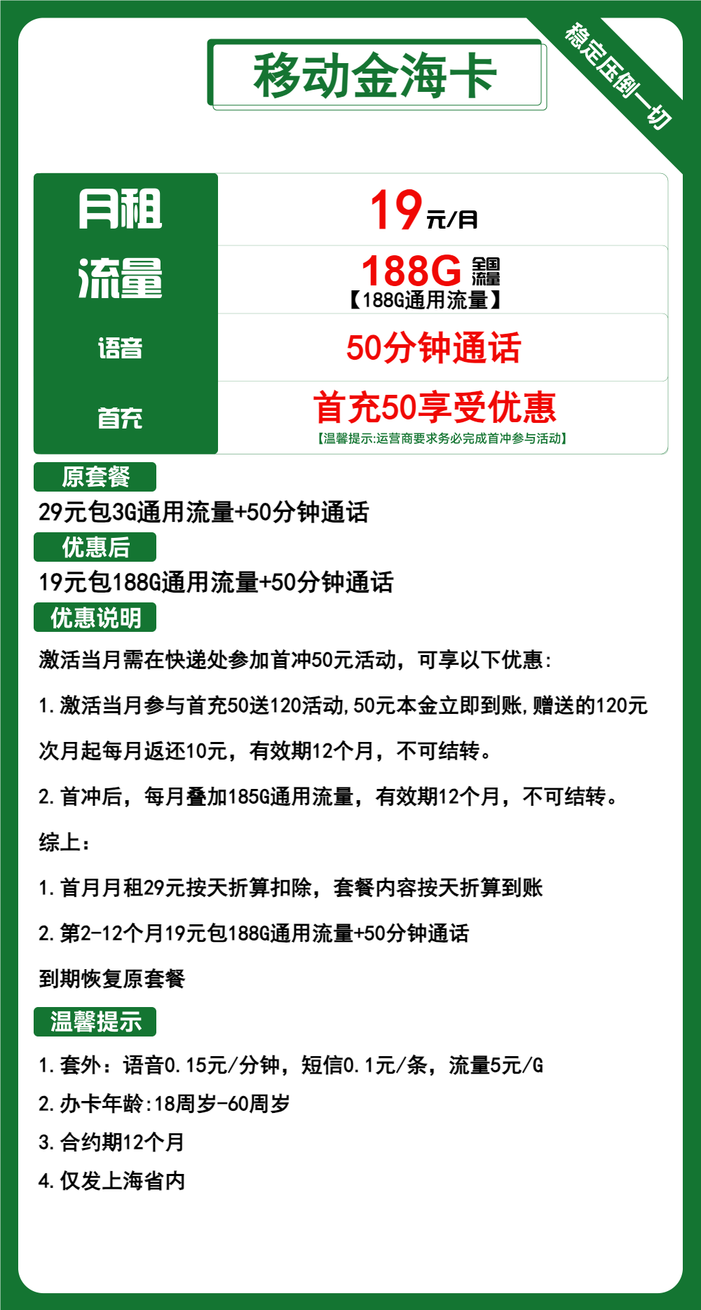 移动金海卡19元月包188G通用流量+50分钟通话（1年套餐，仅发上海市内）