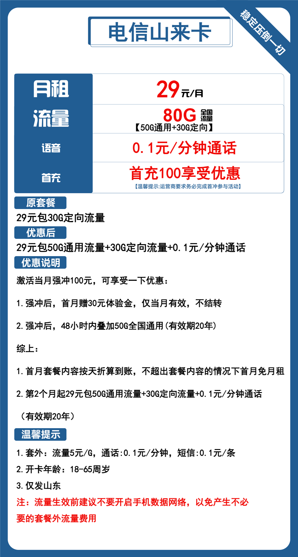 电信山来卡29元月包50G通用流量+30G定向流量+通话0.1元/分钟（长期套餐，仅发山东省内，可选号）