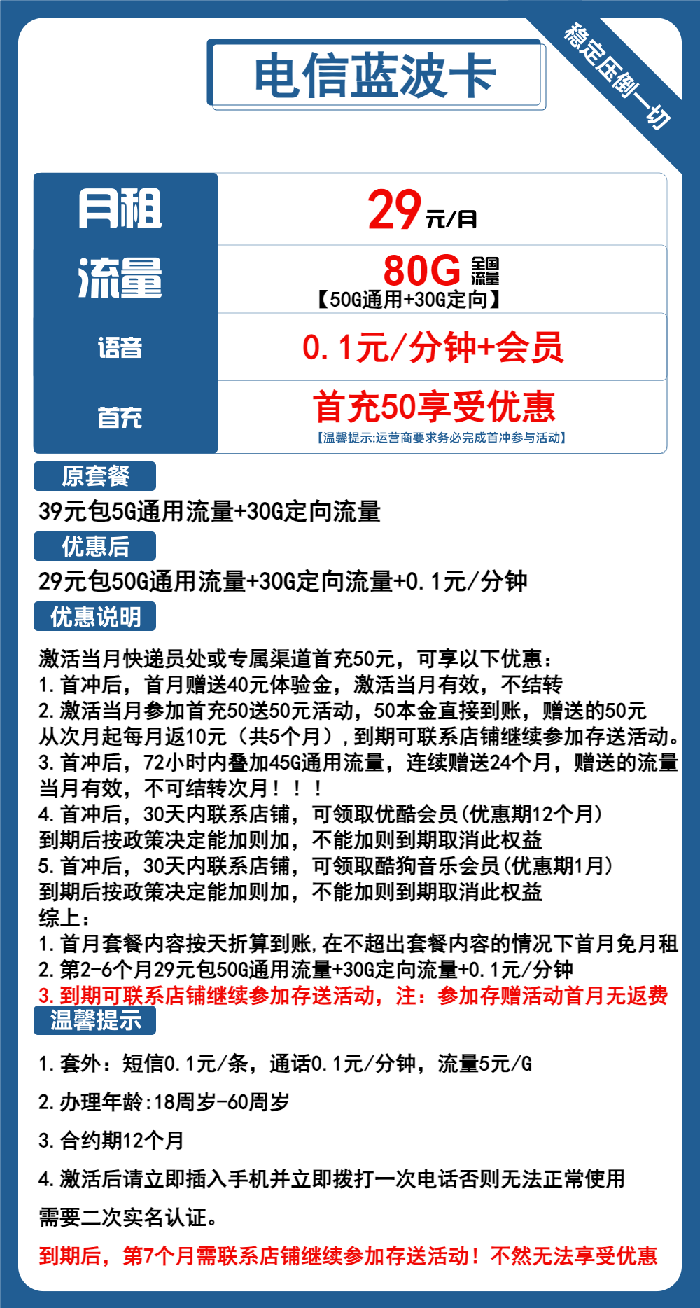 电信蓝波卡①29元月包50G通用流量+30G定向流量+通话0.1元/分钟+优酷会员（2年套餐，送1年优酷会员）