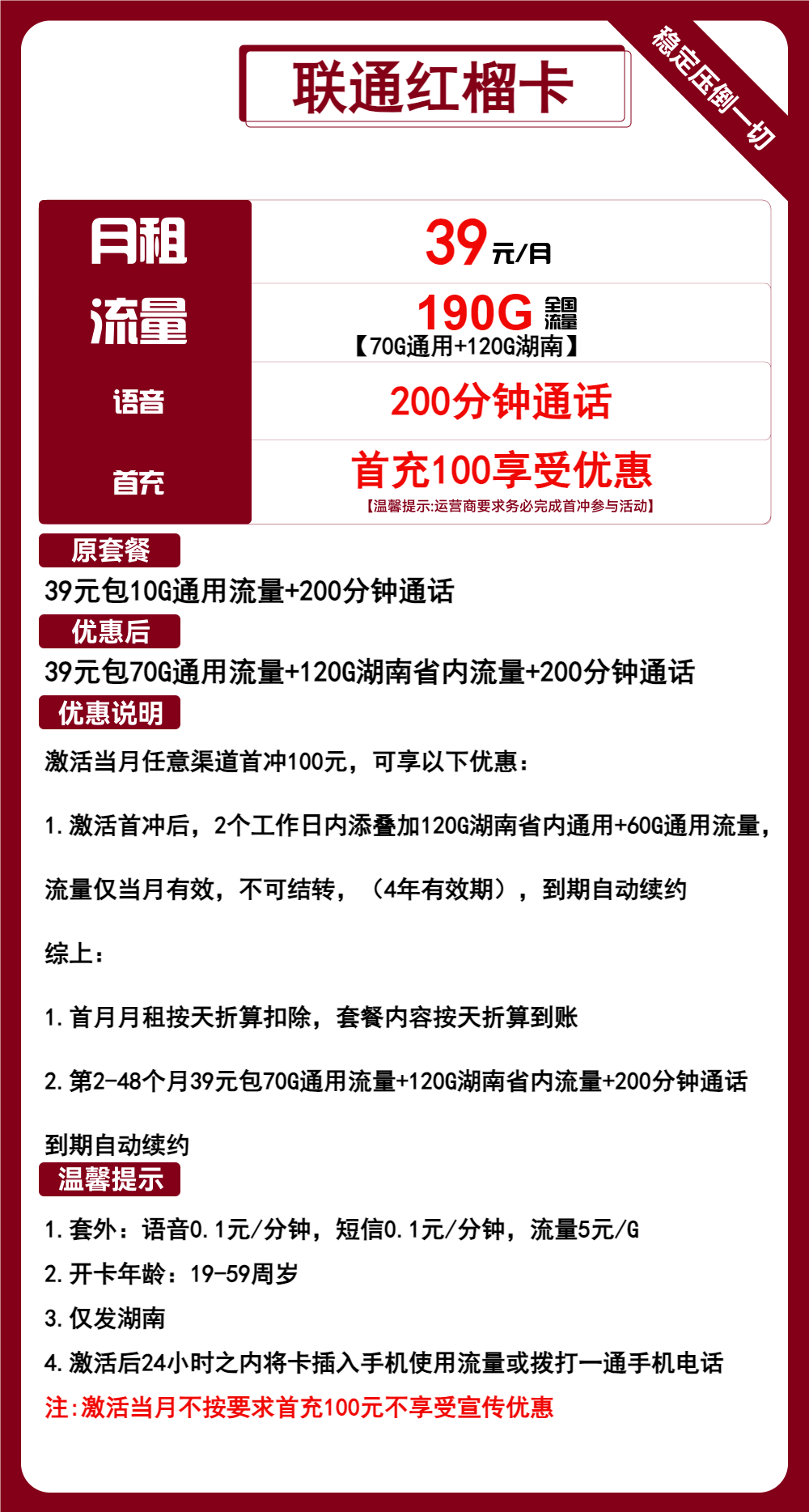 联通红榴卡39元月包190G通用流量+200分钟通话（长期套餐，仅发湖南省内）