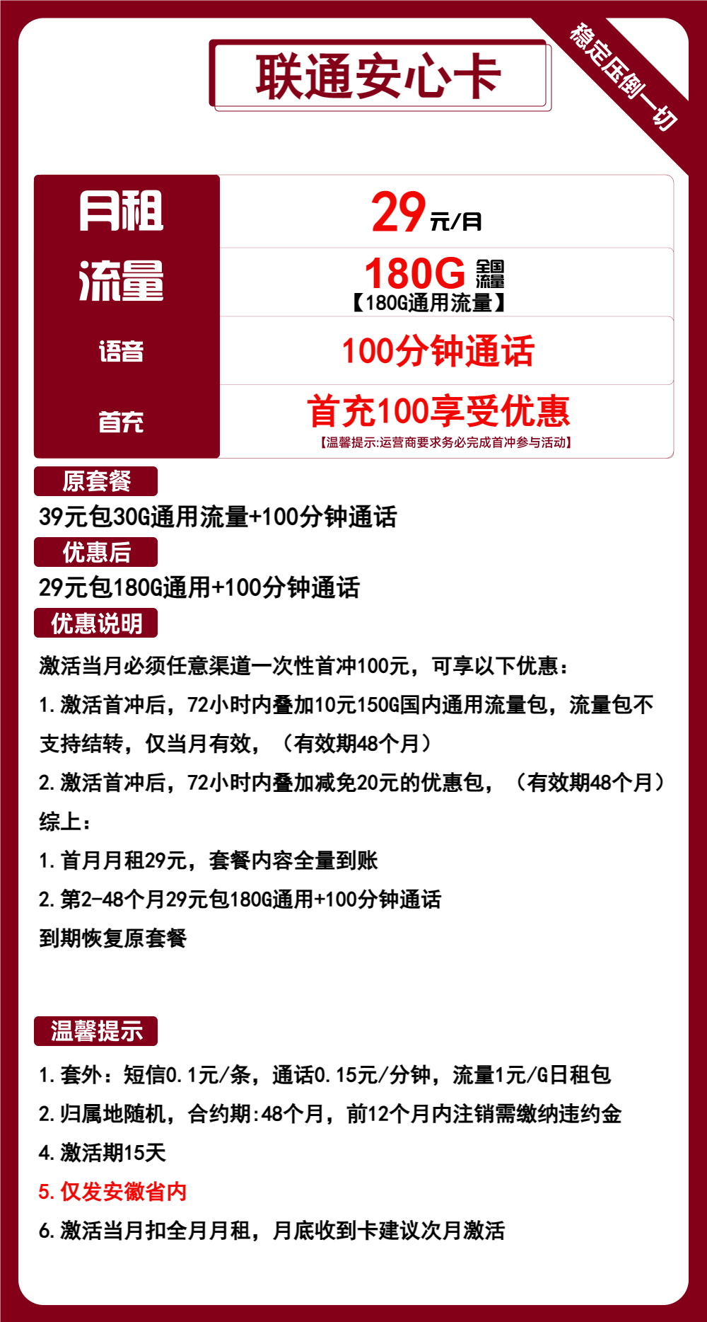 联通安心卡29元月包180G通用流量+100分钟通话（4年套餐，仅发安徽省内）