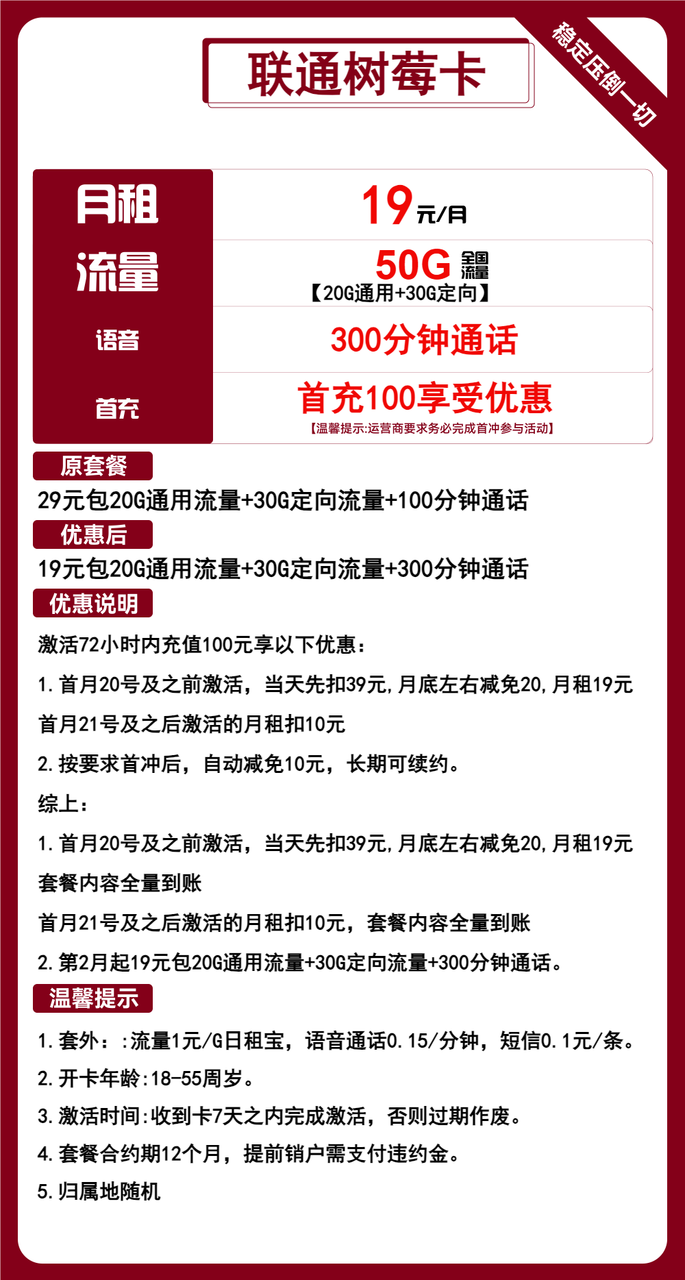 联通树莓卡19元月包20G通用流量+30G定向流量+300分钟通话（长期套餐）