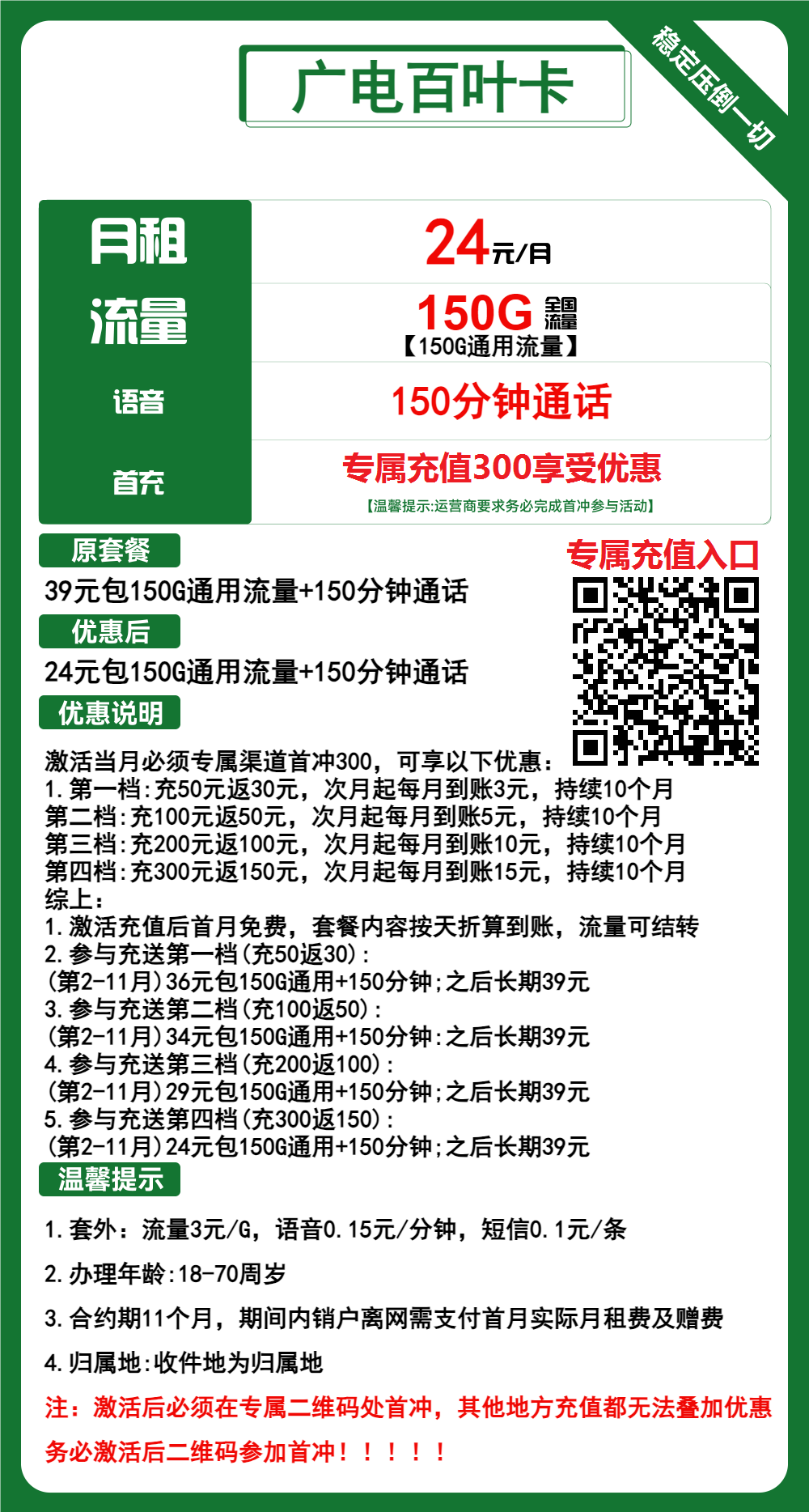 广电百叶卡24元月包150G通用流量+150分钟通话（第12个月起39元月租，长期套餐，流量可结转，收货地为归属地）