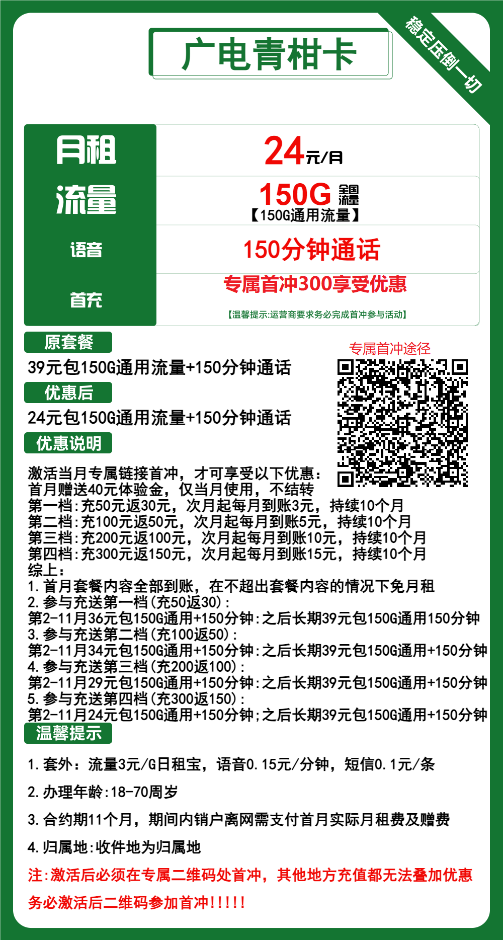 广电青柑卡24元月包150G通用流量+150分钟通话（第12个月起39元月租，长期套餐，流量可结转，收货地为归属地，可选号）