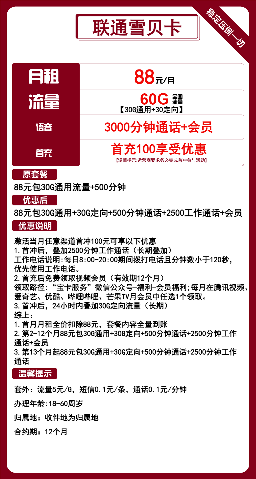 联通雪贝卡88元月包30G通用流量+30G定向流量+3000分钟通话+会员（长期套餐，送1年视频会员，收货地为归属地，可选号）