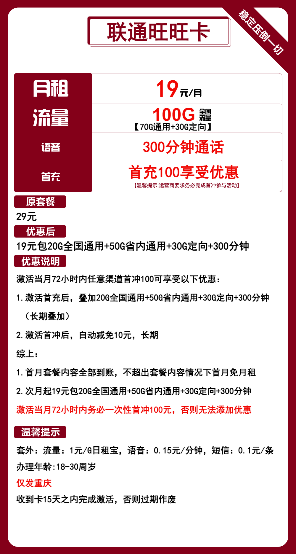 联通旺旺卡19元月包70G通用流量+30G定向流量+300分钟通话（长期套餐，仅发重庆市内）