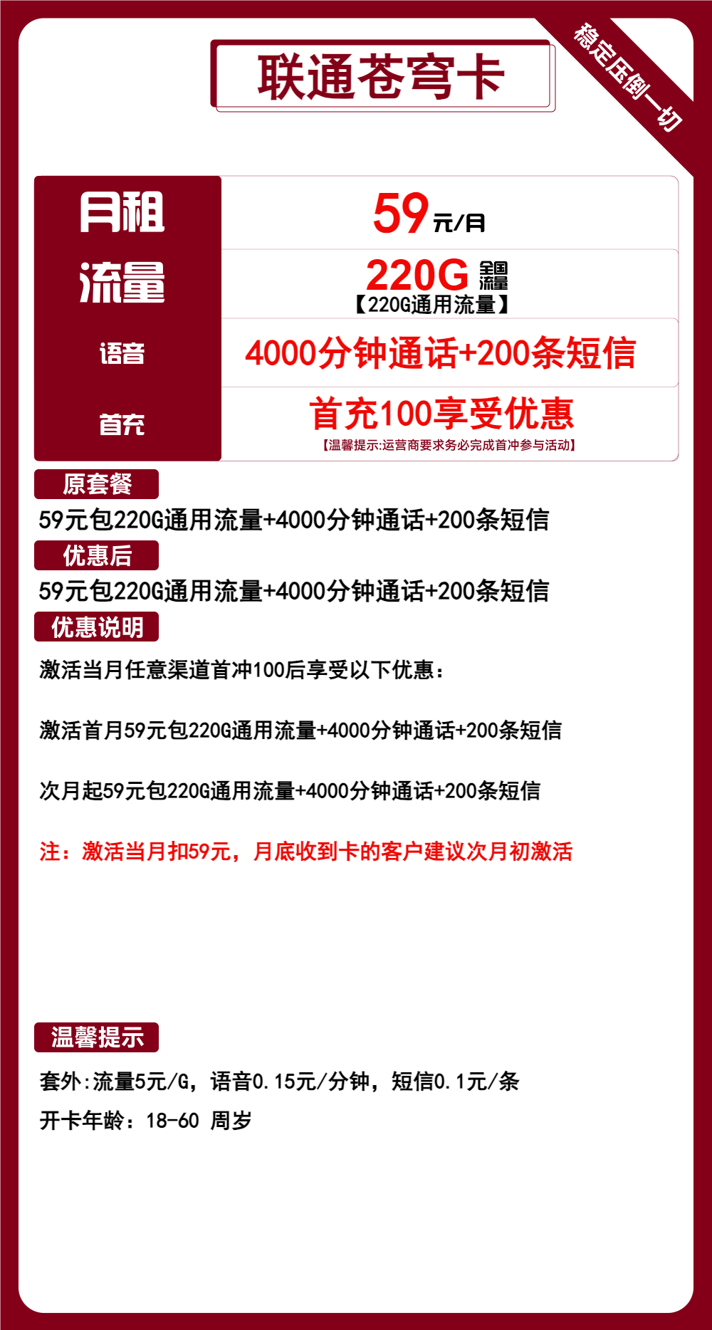 联通苍穹卡59元月包220G通用流量+4000分钟通话+200条短信（长期套餐，大通话）