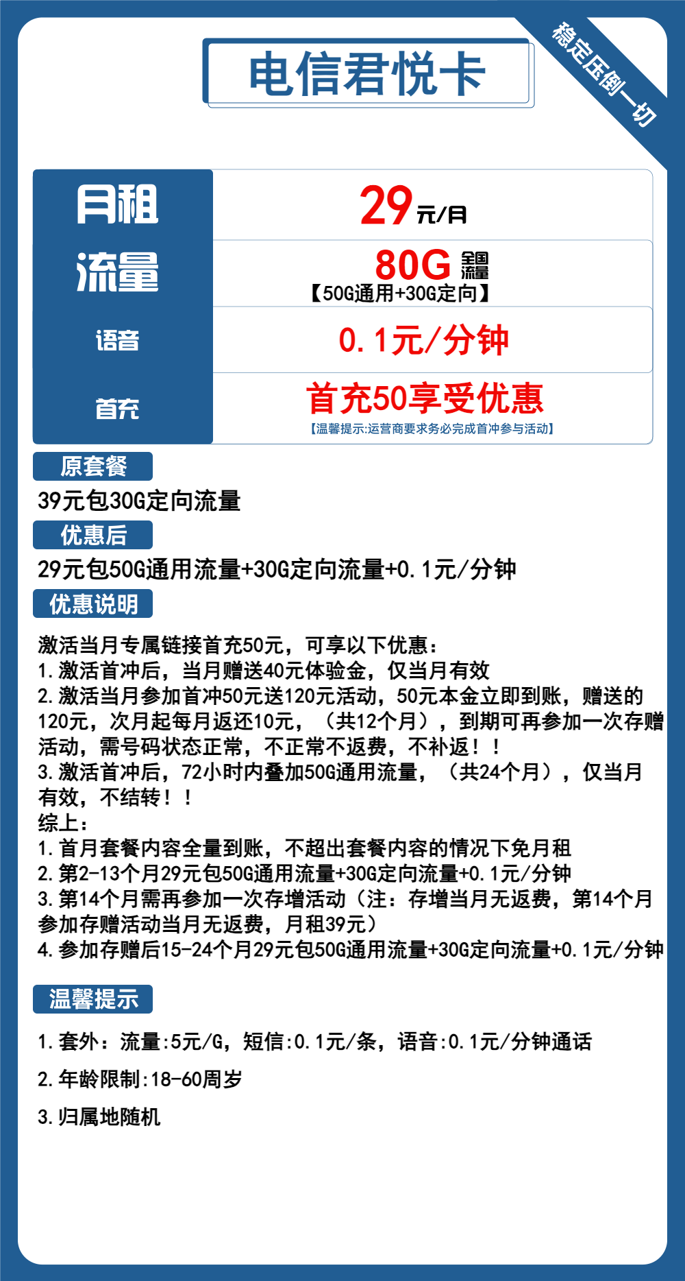 电信君悦卡29元月包50G通用流量+30G定向流量+通话0.1元/分钟（2年套餐）