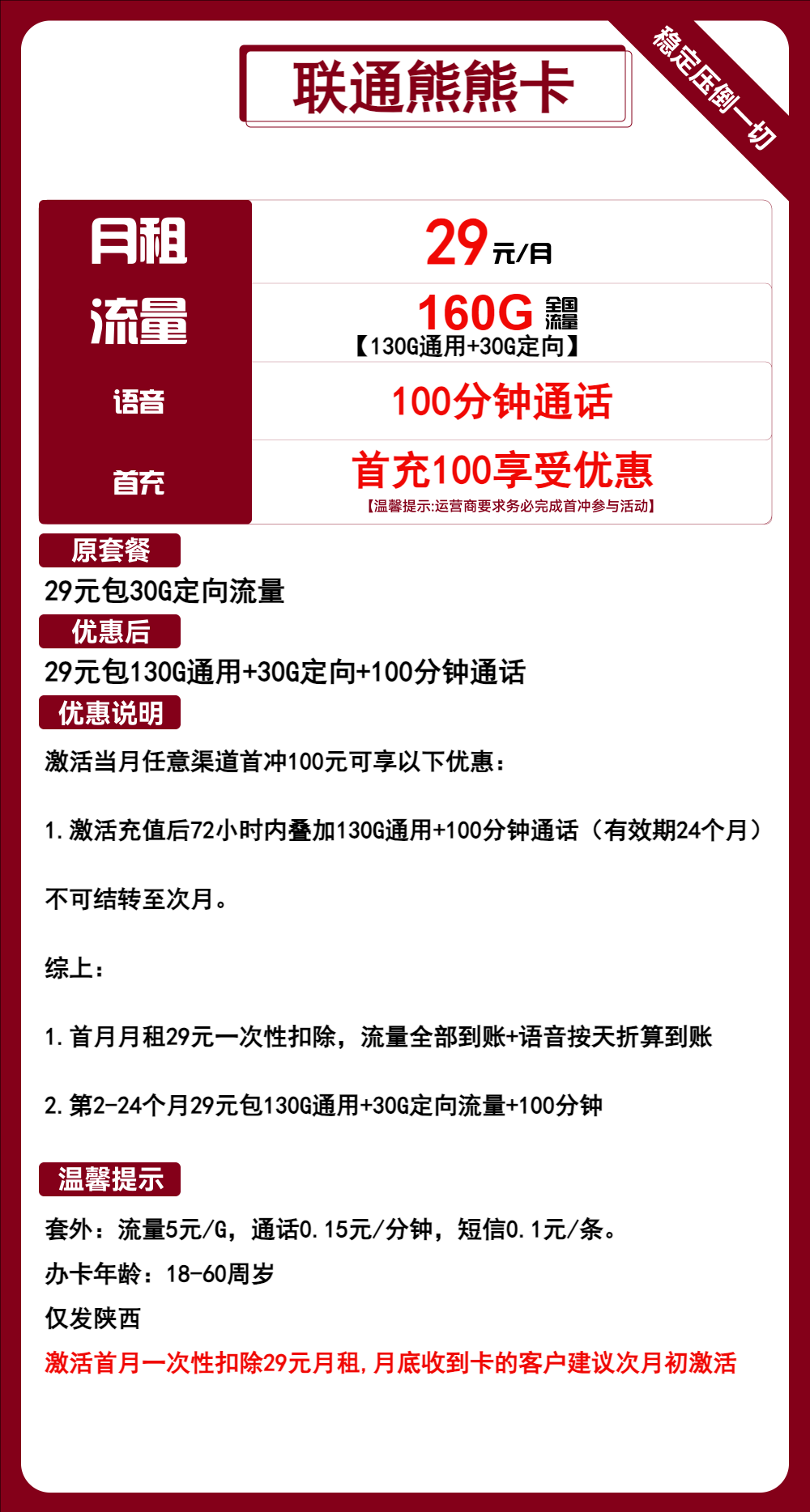 联通熊熊卡29元月包130G通用流量+30G定向流量+100分钟通话（2年套餐，大流量卡，仅发陕西省内）