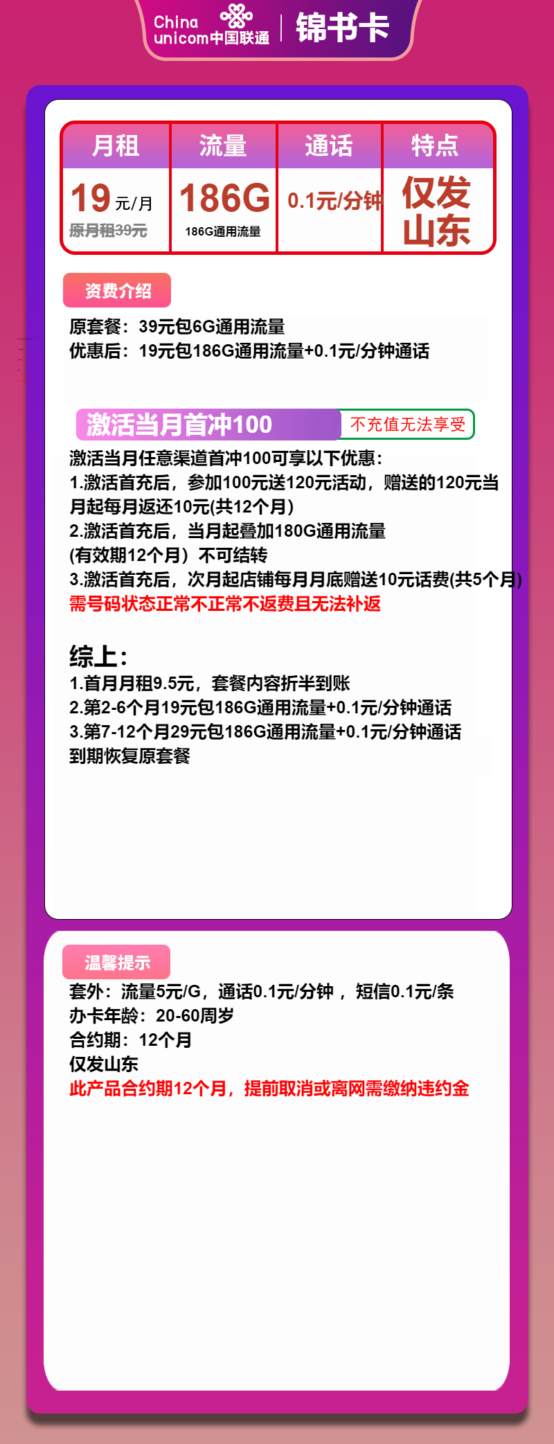 联通锦书卡19元月包186G通用流量+通话0.1元/分钟（第7个月起29元月租，1年套餐，大流量卡，仅发山东省内）