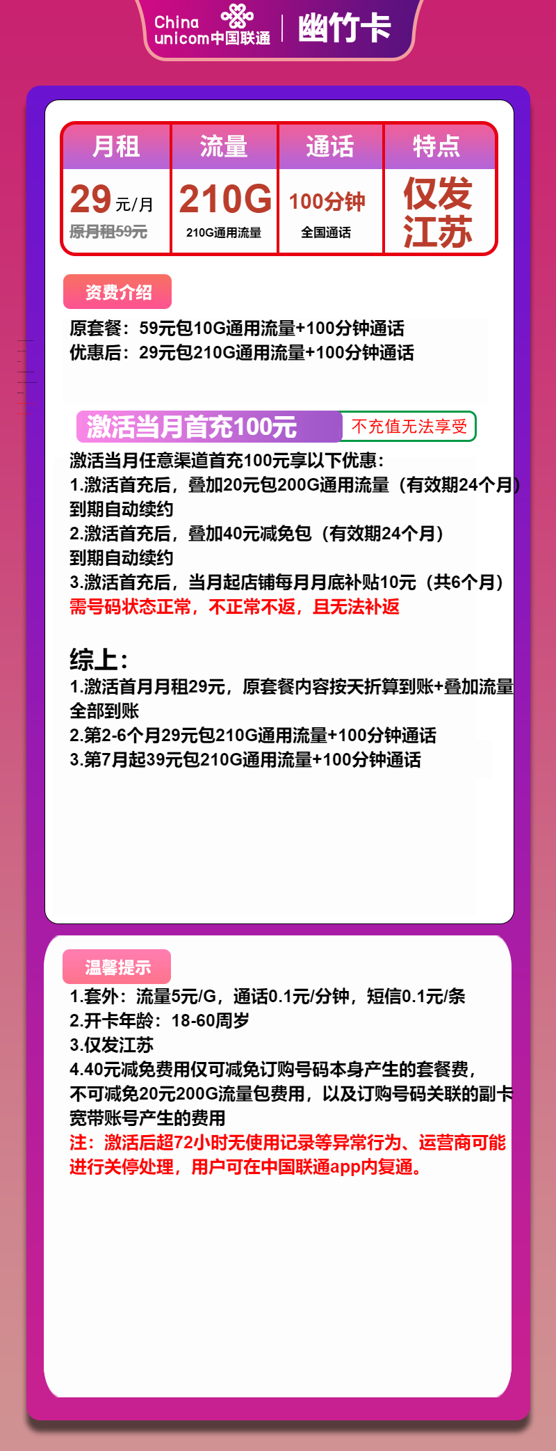 联通幽竹卡①29元月包210G通用流量+100分钟通话（第7个月起39元月租，长期套餐，仅发江苏省内，可选号）