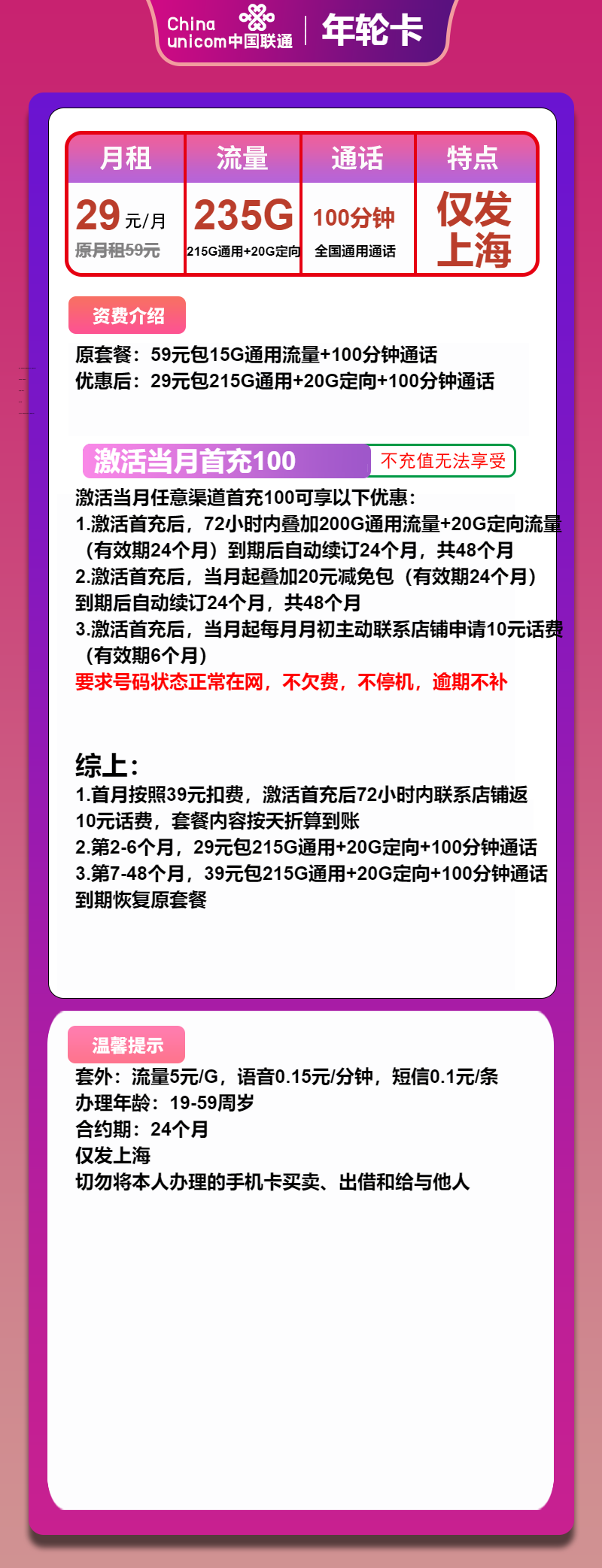 联通年轮卡29元月包215G通用流量+20G定向流量+100分钟通话（4年套餐，仅发上海市内）