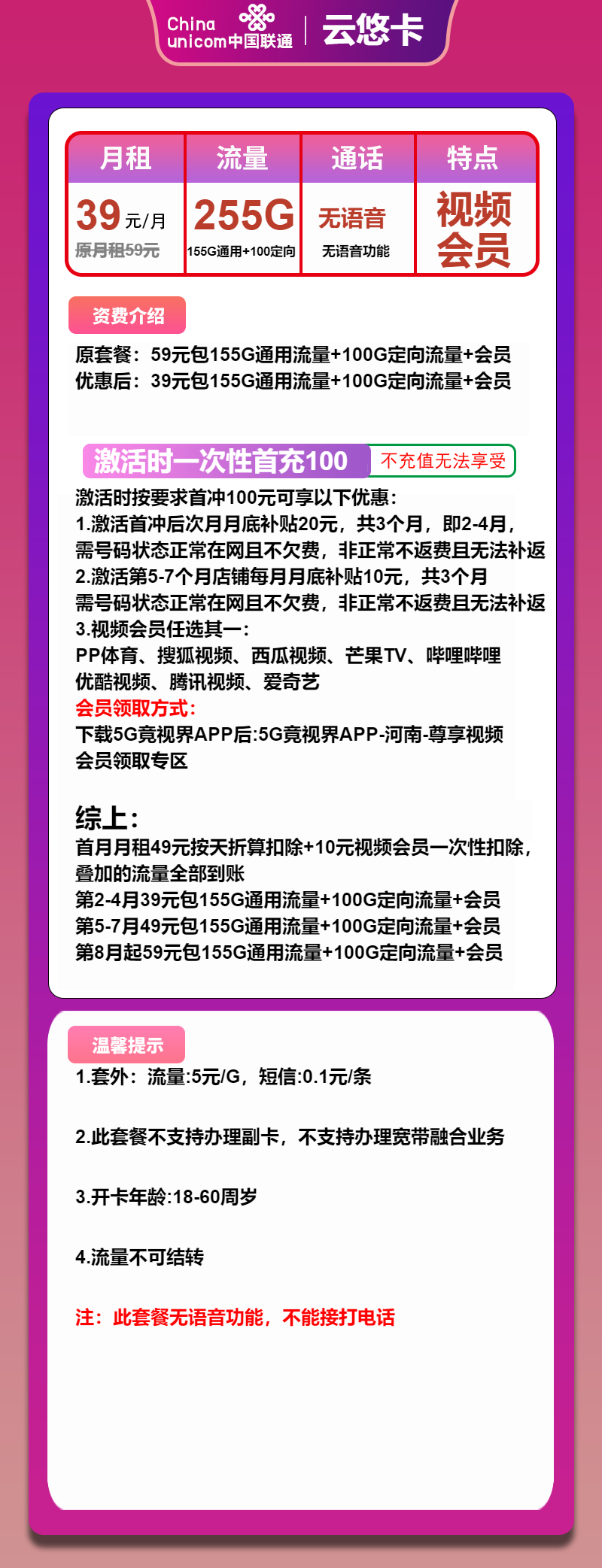 联通云悠卡39元月包155G通用流量+100G定向流量+无语音+会员（第5个月起49元月租，第8个月起59元月租，长期套餐，长期会员）