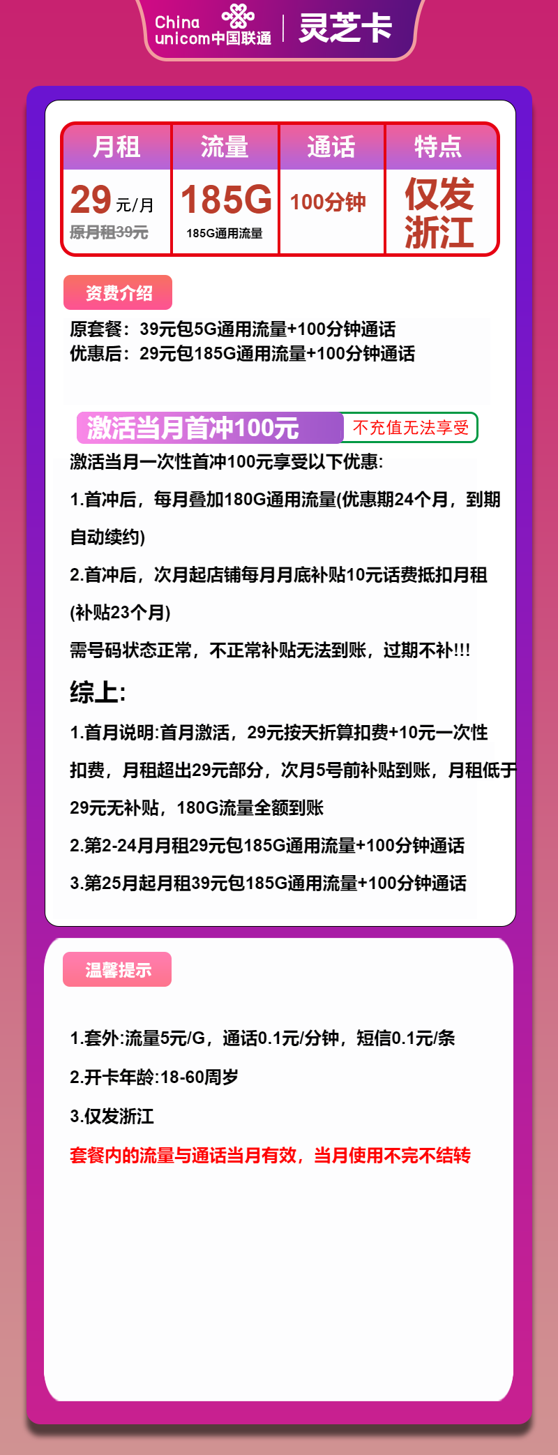 联通灵芝卡29元月包185G通用流量+100分钟通话（第25个月起39元月租，长期套餐，大流量卡，仅发浙江省内）