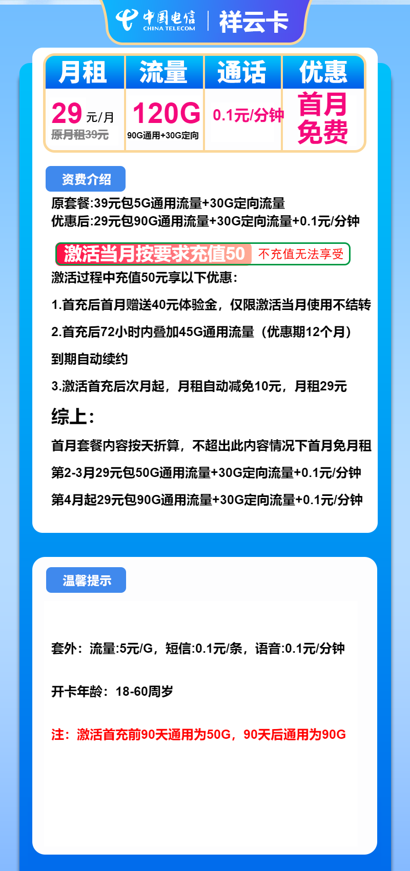 电信祥云卡29元月包90G通用流量+30G定向流量+通话0.1元/分钟（长期套餐）