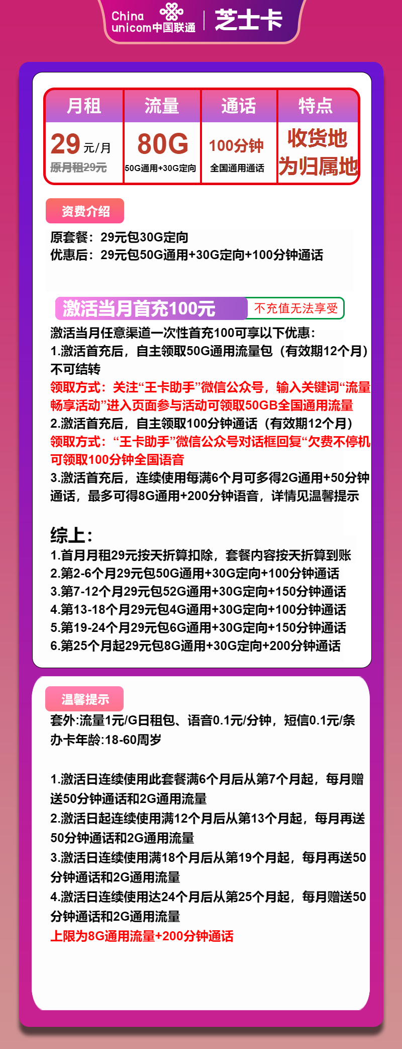 联通芝士卡29元月包50G通用流量+30G定向流量+100分钟通话（收货地为归属地）