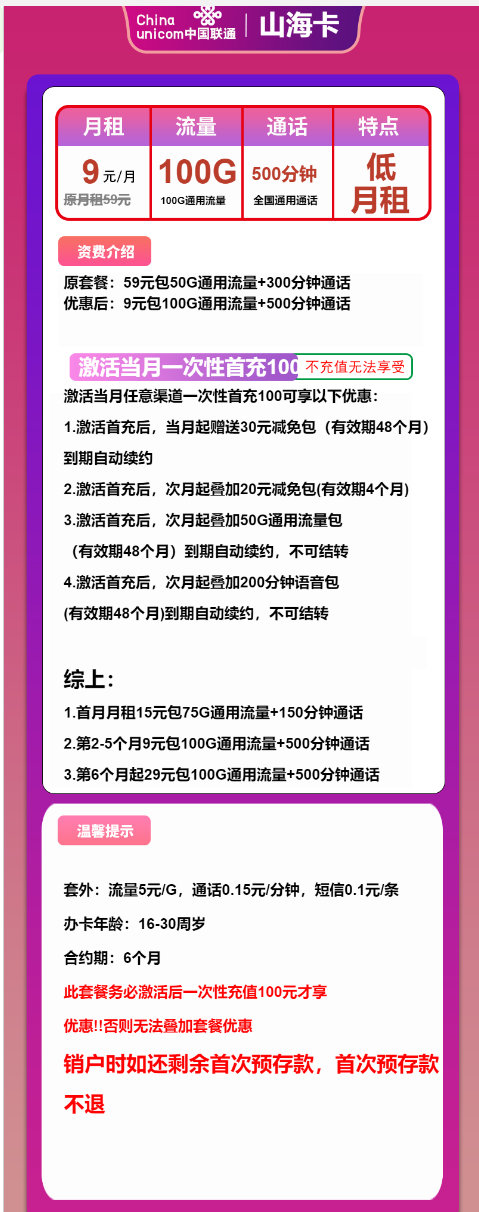 联通山海卡9元月包100G通用流量+500分钟通话+1年视频会员（第6个月起29元月租，长期套餐，仅发浙江省内）