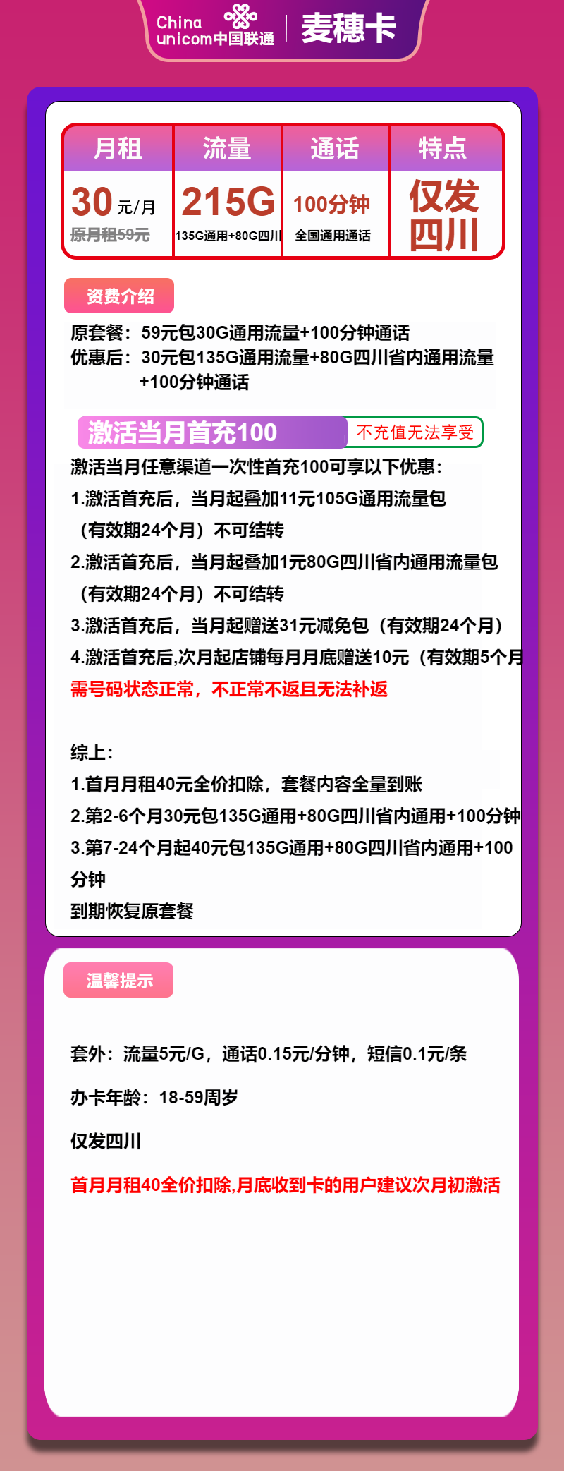 联通麦穗卡30元月包215G通用流量+100分钟通话（第7个月起40元月租，2年套餐，大流量卡，仅发四川省内）