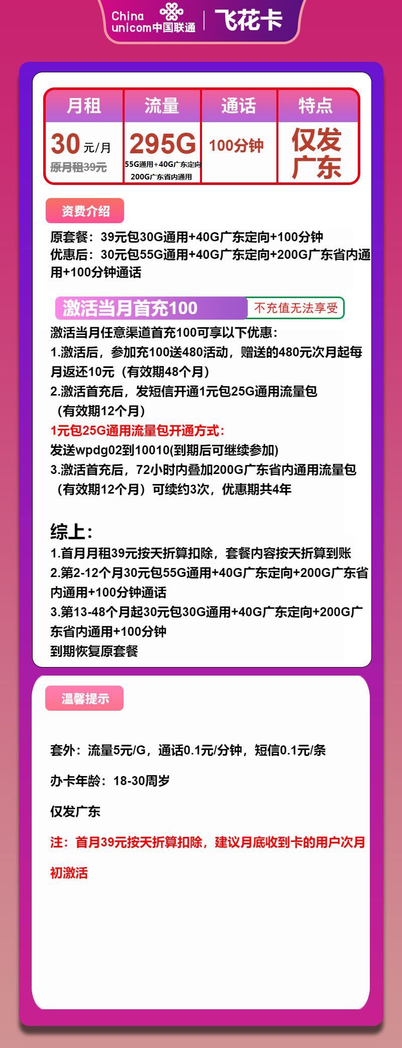 联通飞花卡30元月包55G通用流量+40G广东定向流量+200G广东通用流量+100分钟通话（4年套餐，仅发广东省内）