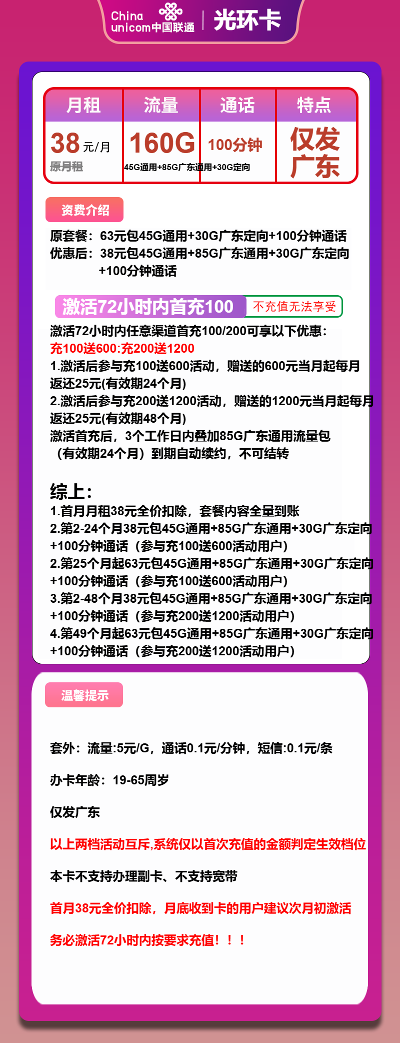 联通光环卡38元月包130G通用流量+30G定向流量+100分钟通话（第25个月起63元月租，长期套餐，仅发广东省内）