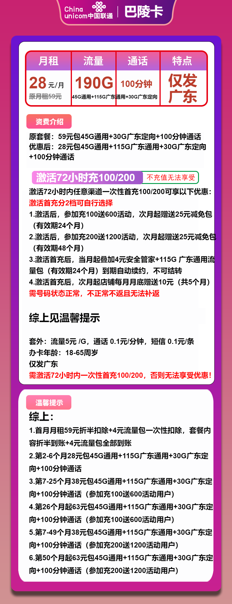 联通巴陵卡28元月包160G通用流量+30G定向流量+100分钟通话（长期套餐，仅发广东省内）