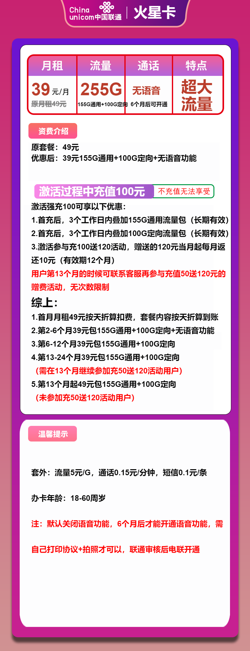 联通火星卡39元月包155G通用流量+100G定向流量+无语音（长期套餐）