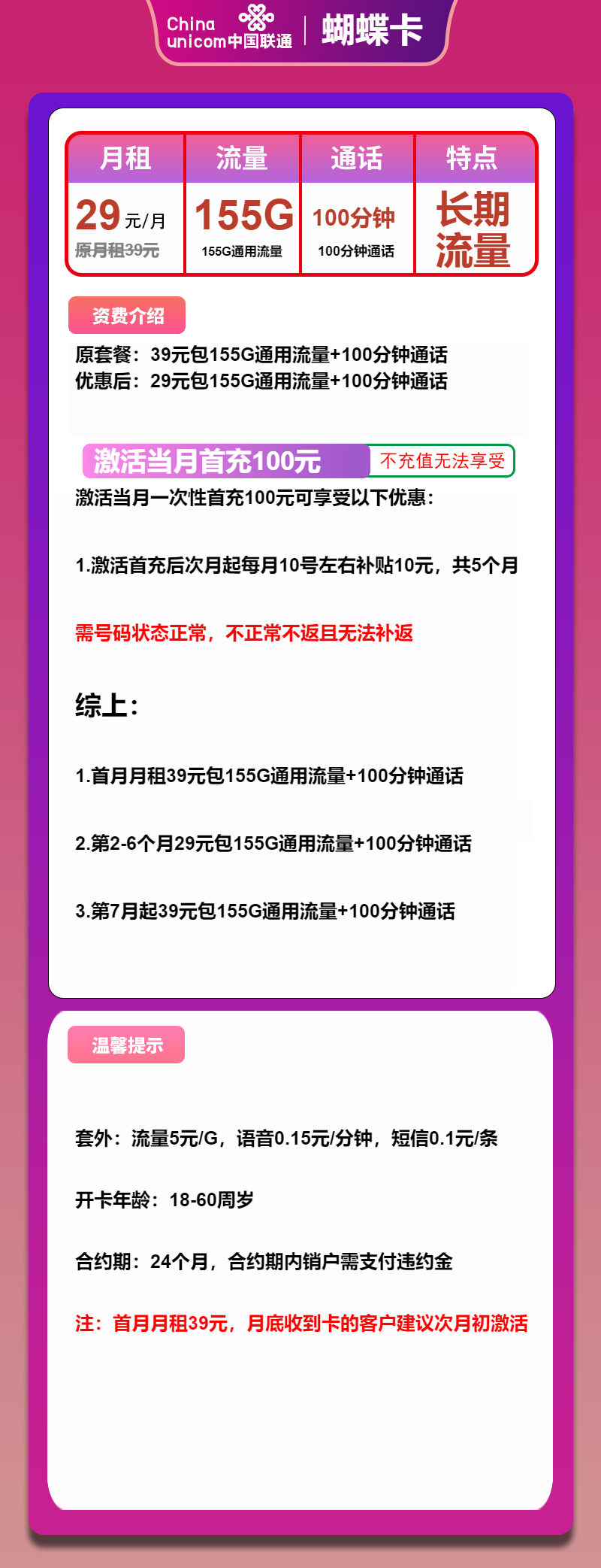 联通蝴蝶卡29元月包155G通用流量+100分钟通话（第7个月起39元月租，长期套餐，大流量卡）