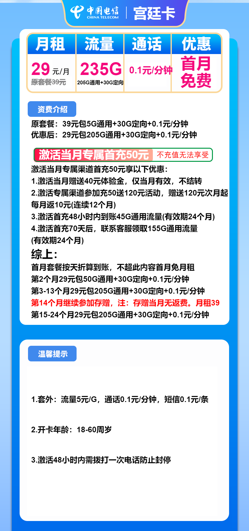 电信宫廷卡29元月包205G通用流量+30G定向流量 +通话0.1元/分钟（2年套餐）