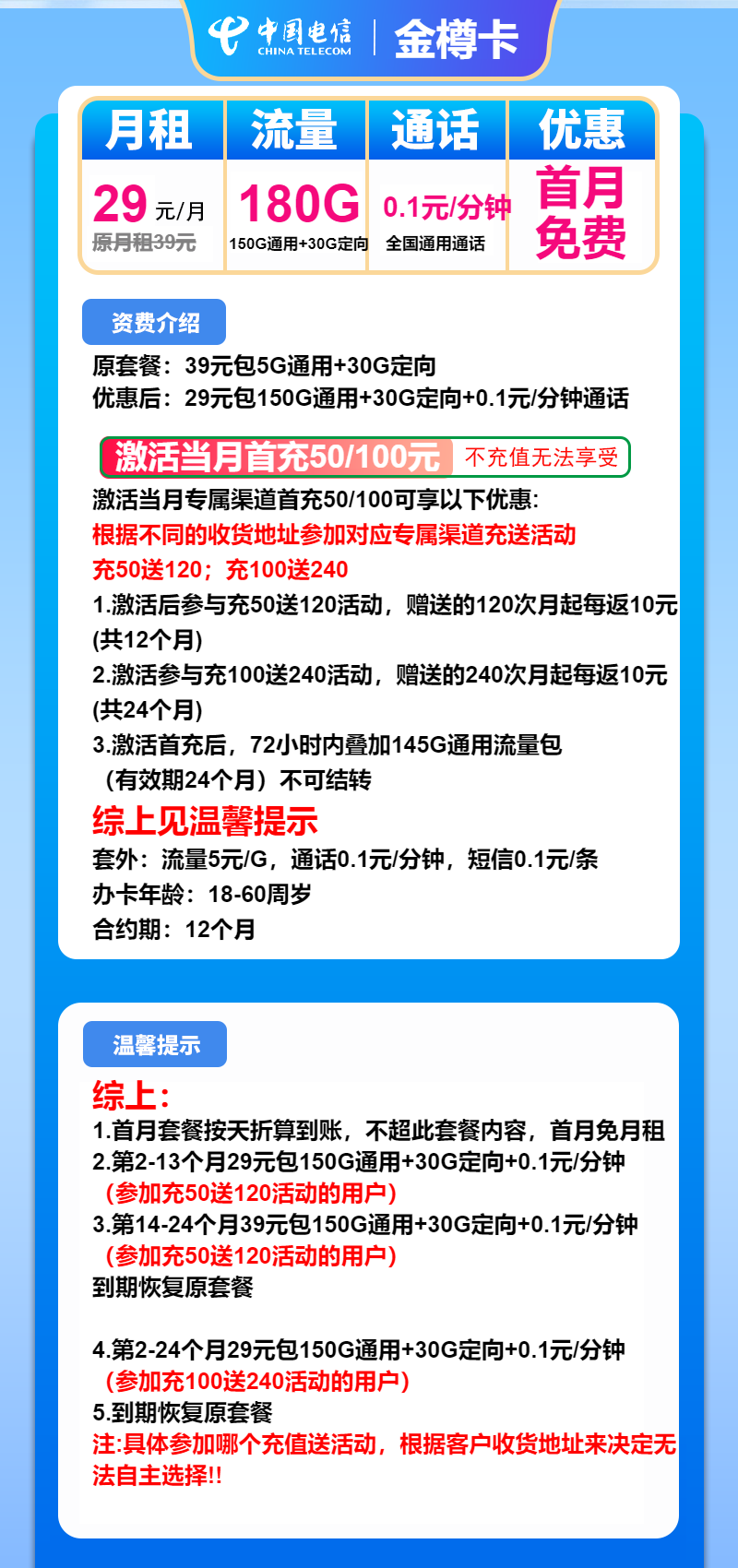 电信金樽卡29元月包150G通用流量+30G定向流量+通话0.1元/分钟（2年套餐，大流量卡）