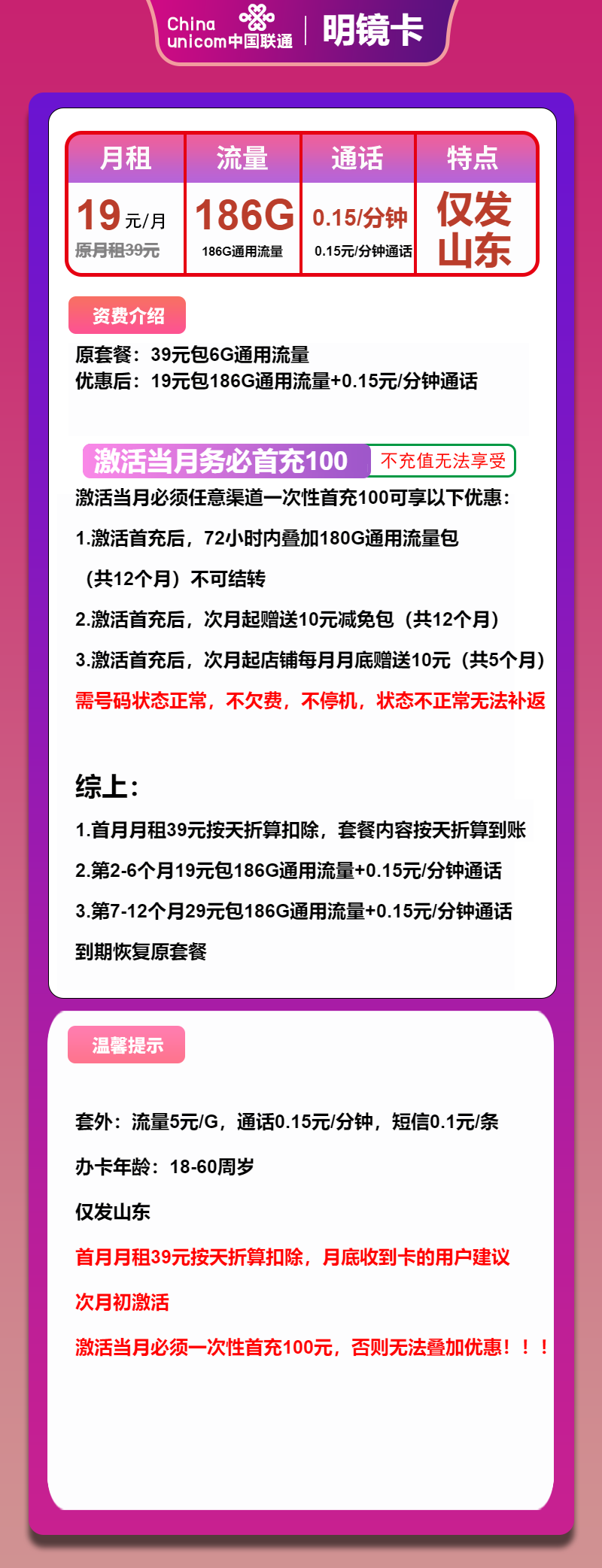 联通明镜卡19元月包186G通用流量+通话0.15元/分钟（第7个月起29元月租，1年套餐，大流量卡，仅发山东省内）