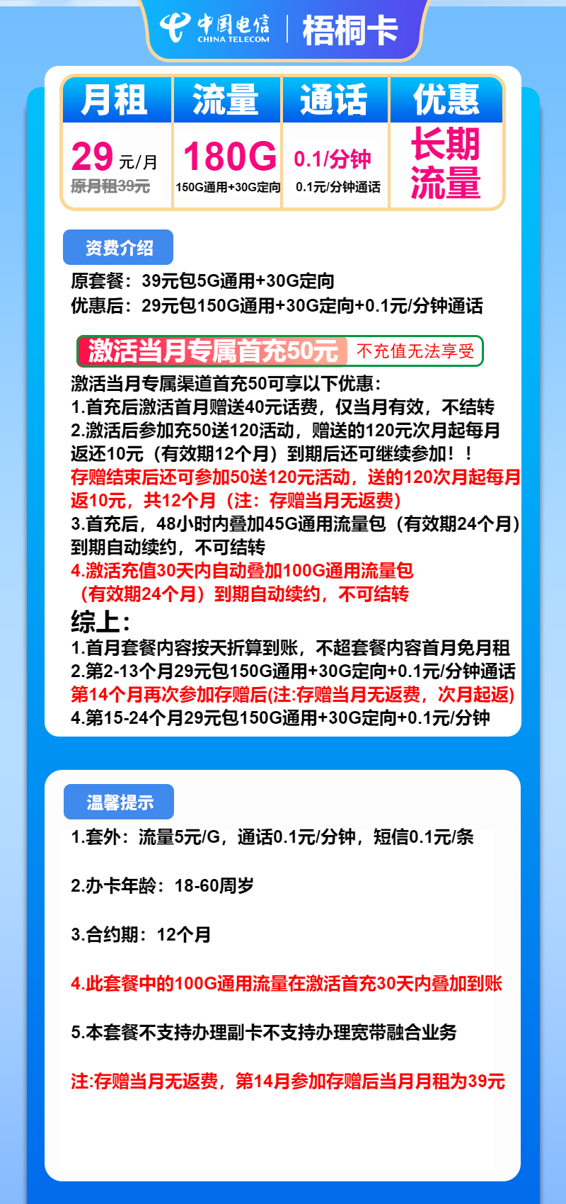 电信梧桐卡②29元月包150G通用流量+30G定向流量+通话0.1元/分钟（长期套餐）